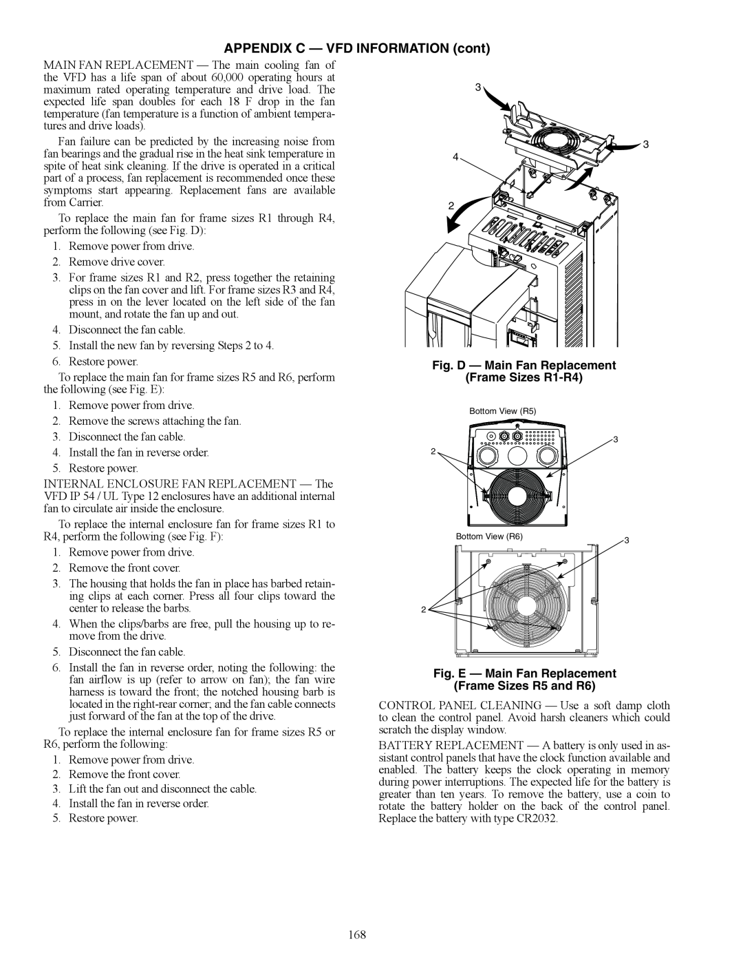 Carrier 48/50AJ Fig. D - Main Fan Replacement Frame Sizes R1-R4, Fig. E — Main Fan Replacement, Frame Sizes R5 and R6 