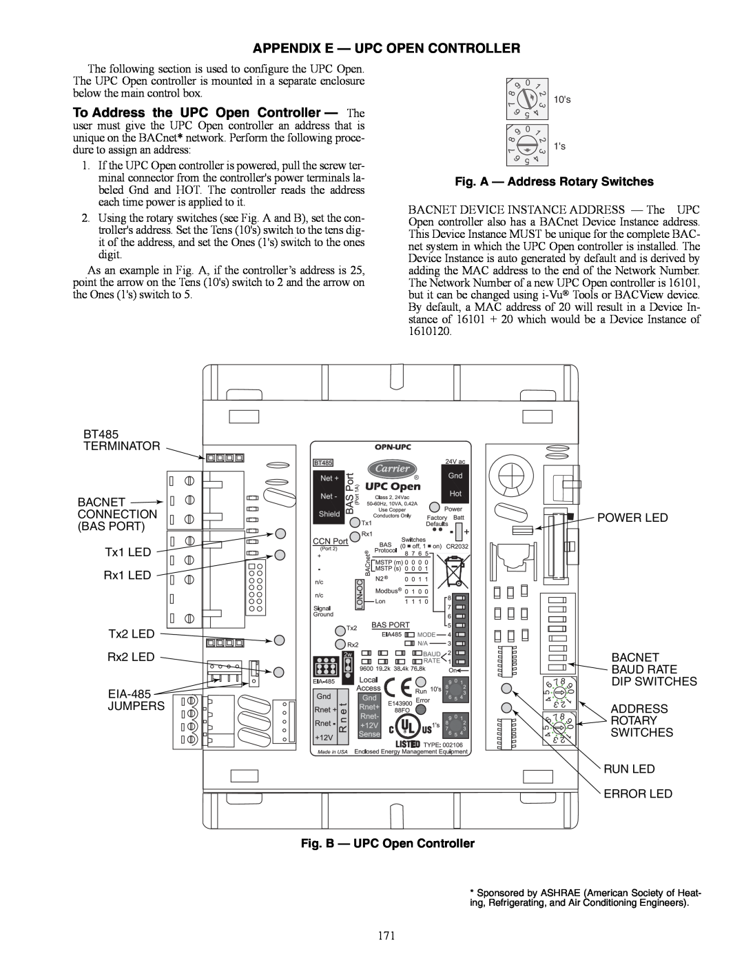 Carrier 48/50AJ Appendix E — Upc Open Controller, Fig. A — Address Rotary Switches, Fig. B — UPC Open Controller 