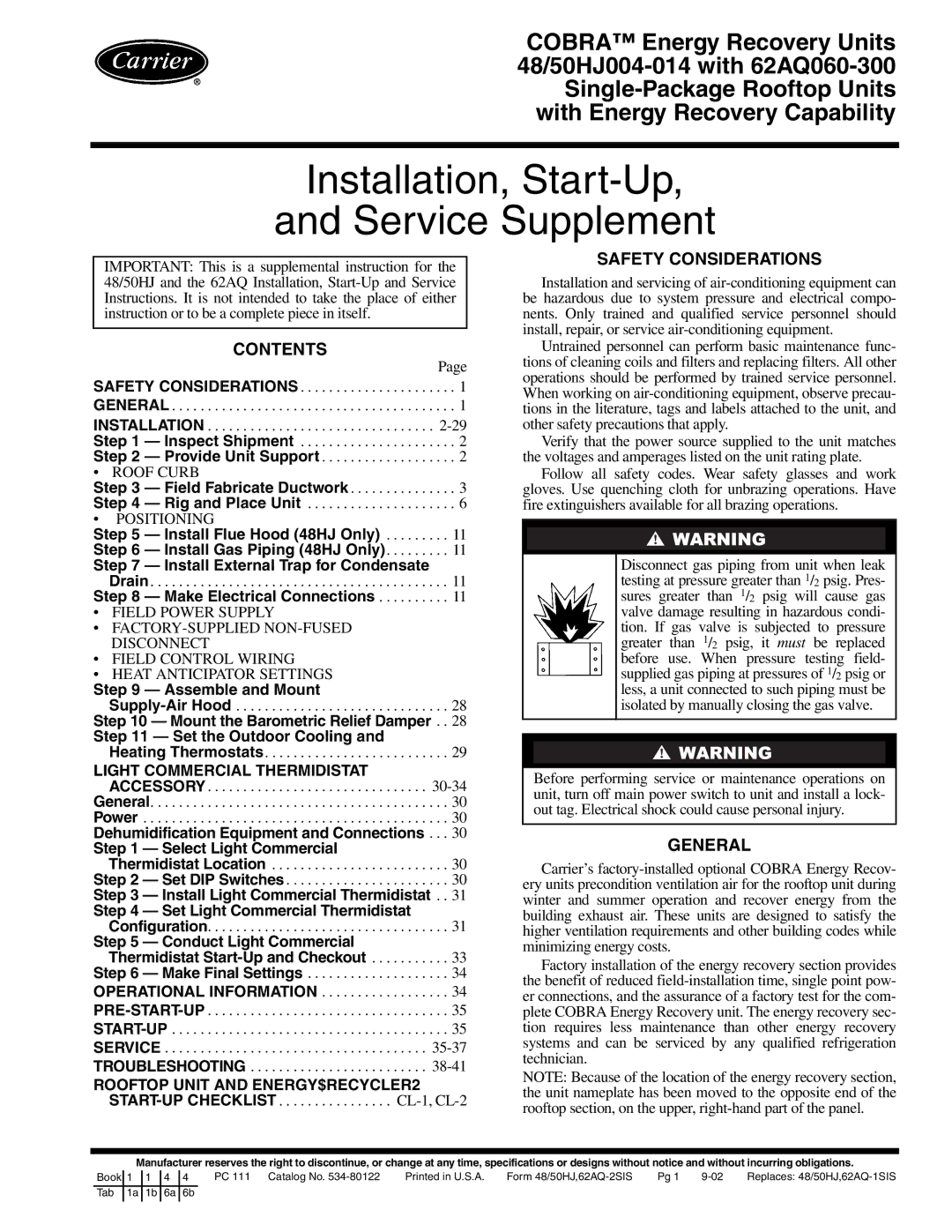 Carrier 48/50HJ004-014 specifications Contents, Safety Considerations, General 