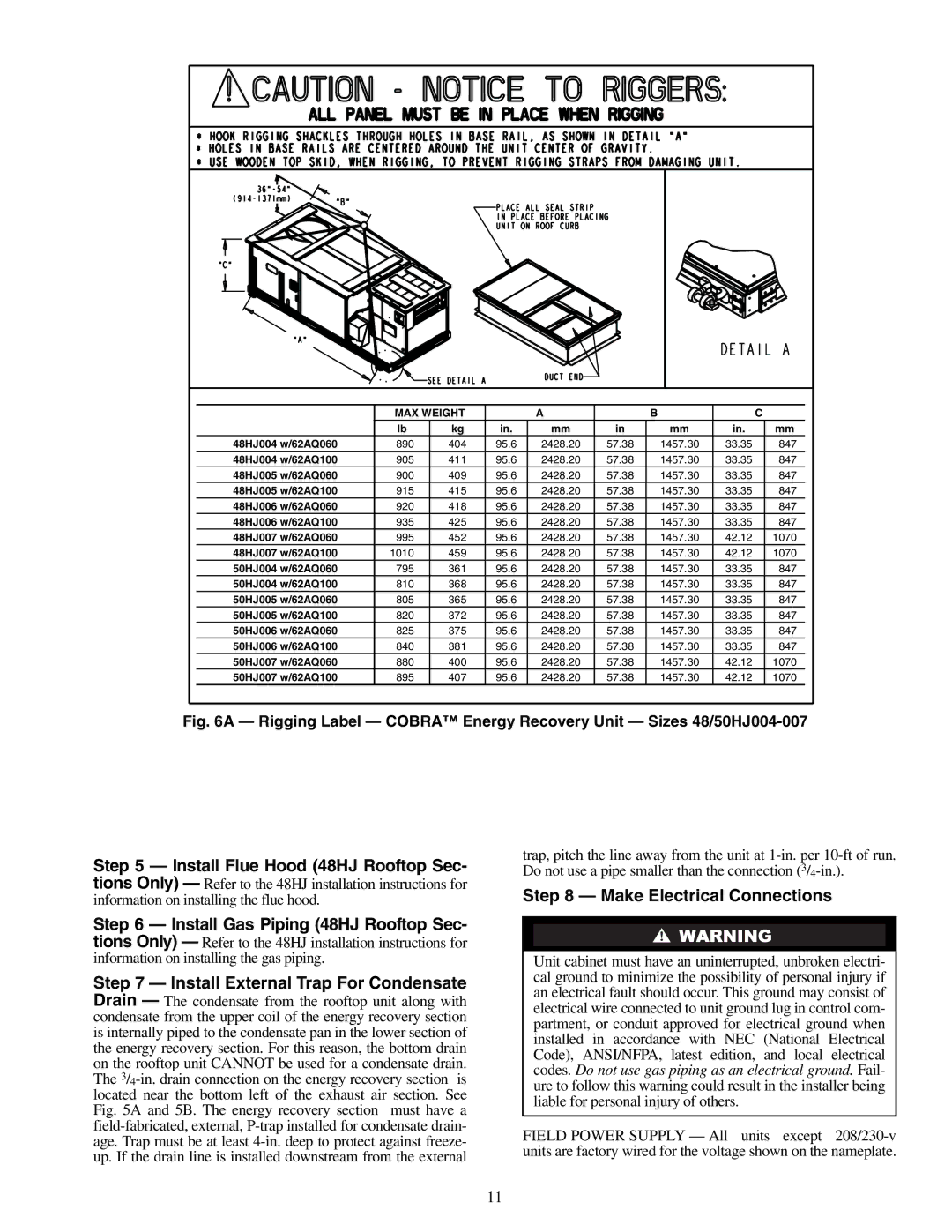 Carrier 48/50HJ004-014 specifications Make Electrical Connections, MAX Weight 