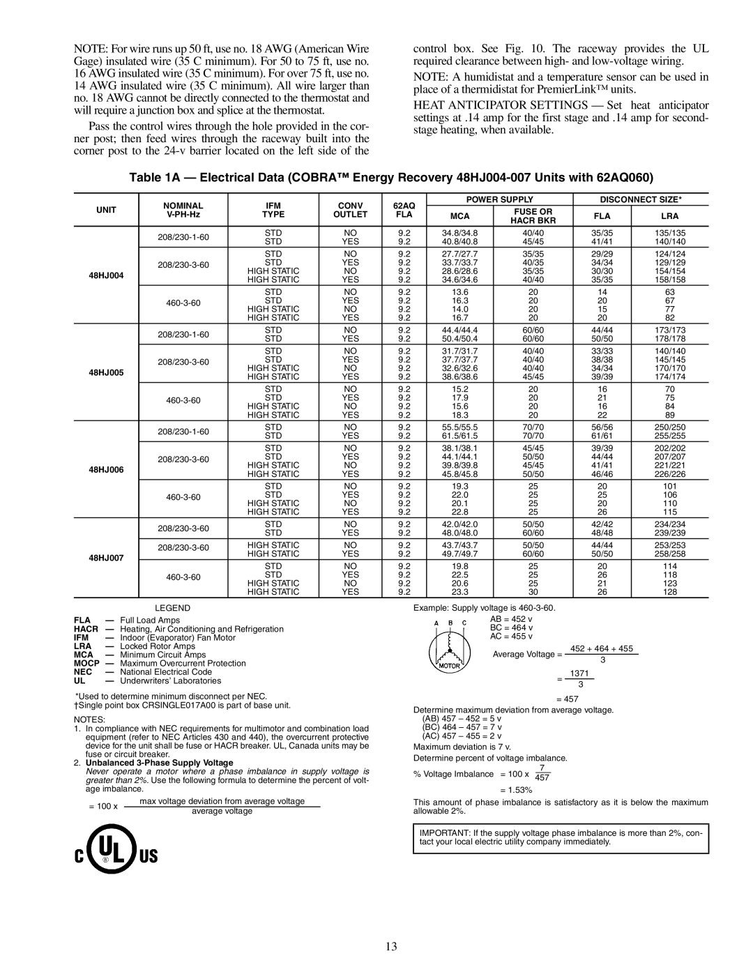 Carrier 48/50HJ004-014 Nominal IFM Conv, Power Supply Disconnect Size Unit, Type Outlet FLA MCA Fuse or LRA Hacr BKR, Nec 