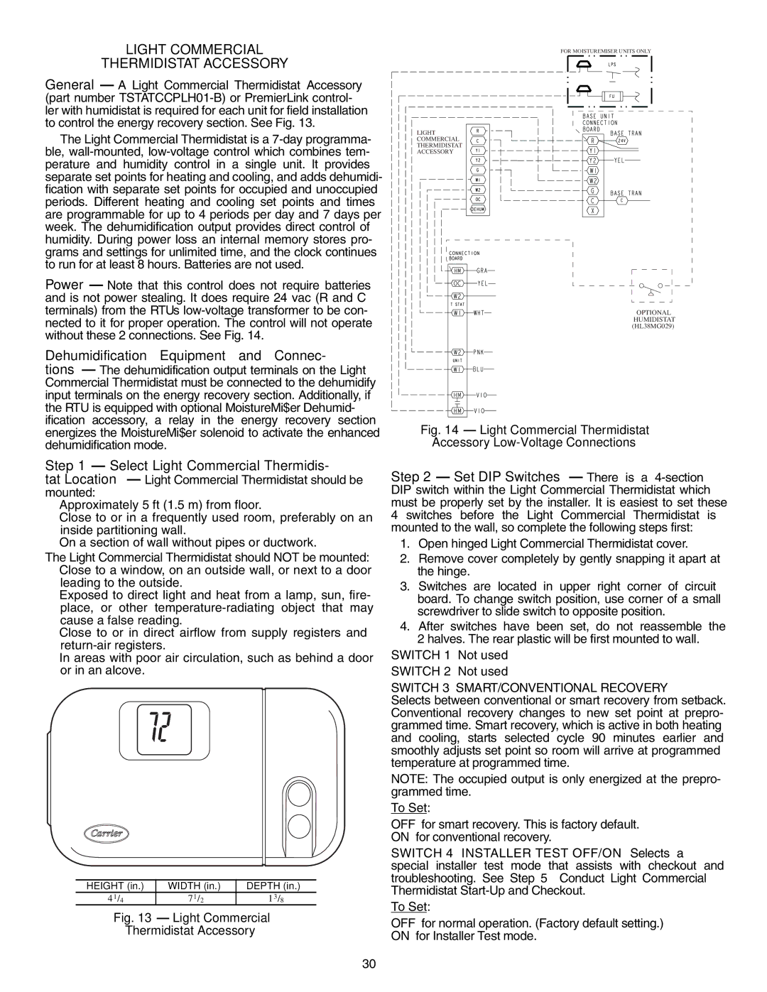 Carrier 48/50HJ004-014 specifications Light Commercial Thermidistat Accessory, Height Width Depth 