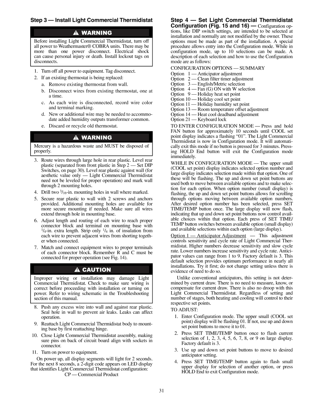 Carrier 48/50HJ004-014 specifications Install Light Commercial Thermidistat 