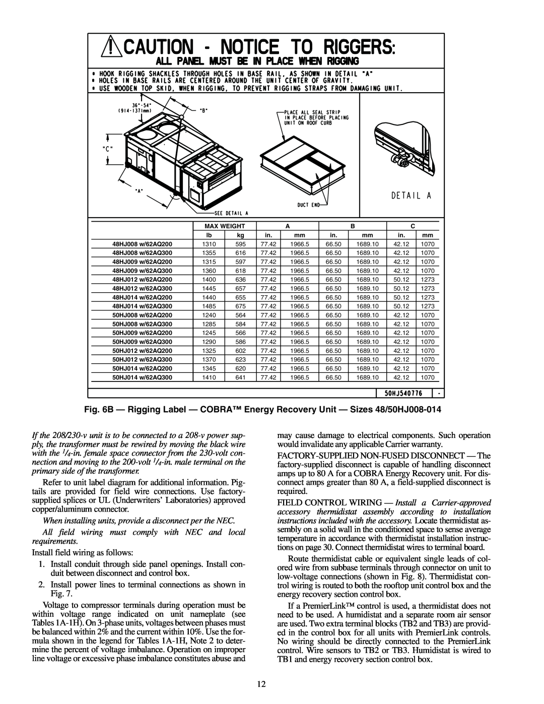 Carrier 48/50HJ004-014 specifications Install field wiring as follows 