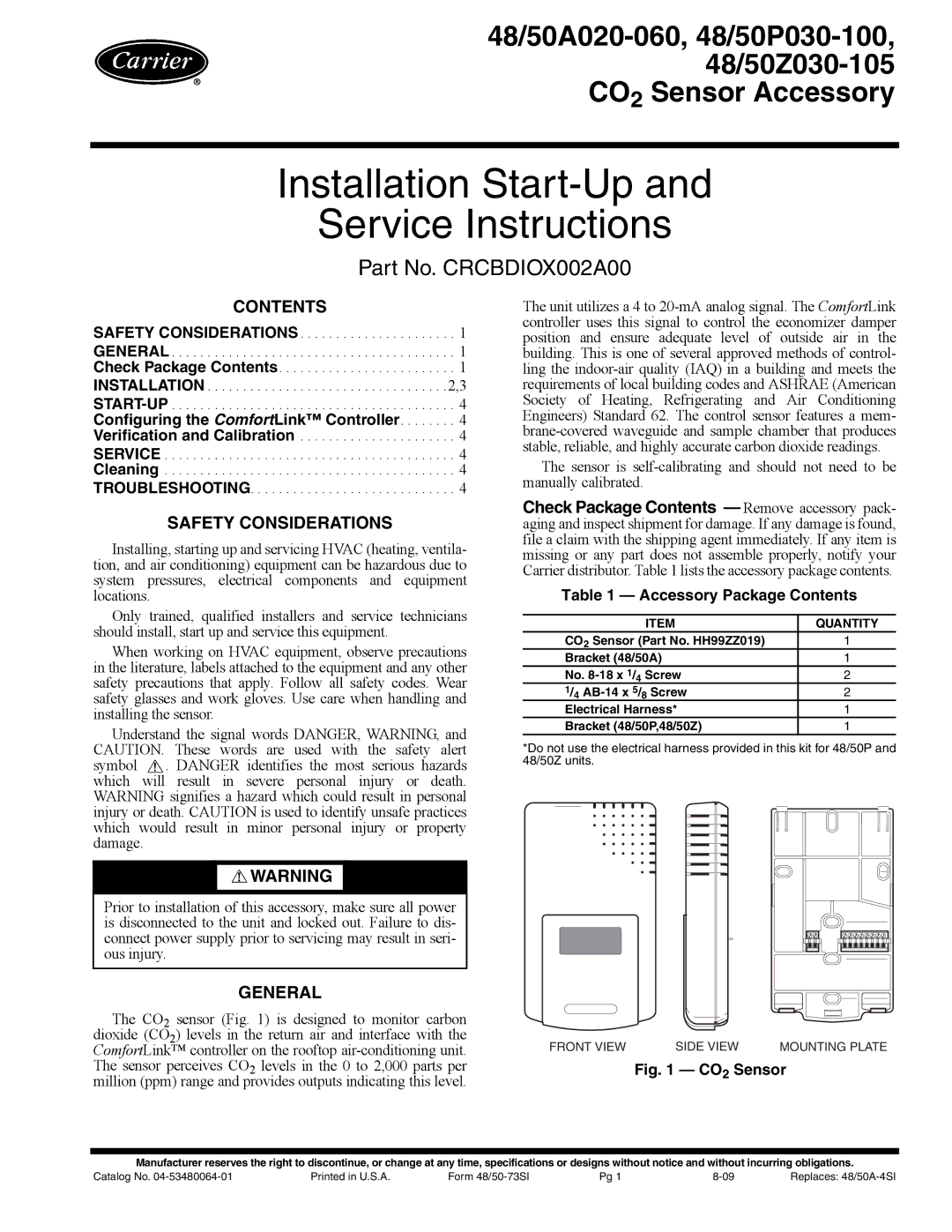 Carrier 48/50P030-100 specifications Contents, Safety Considerations, General 