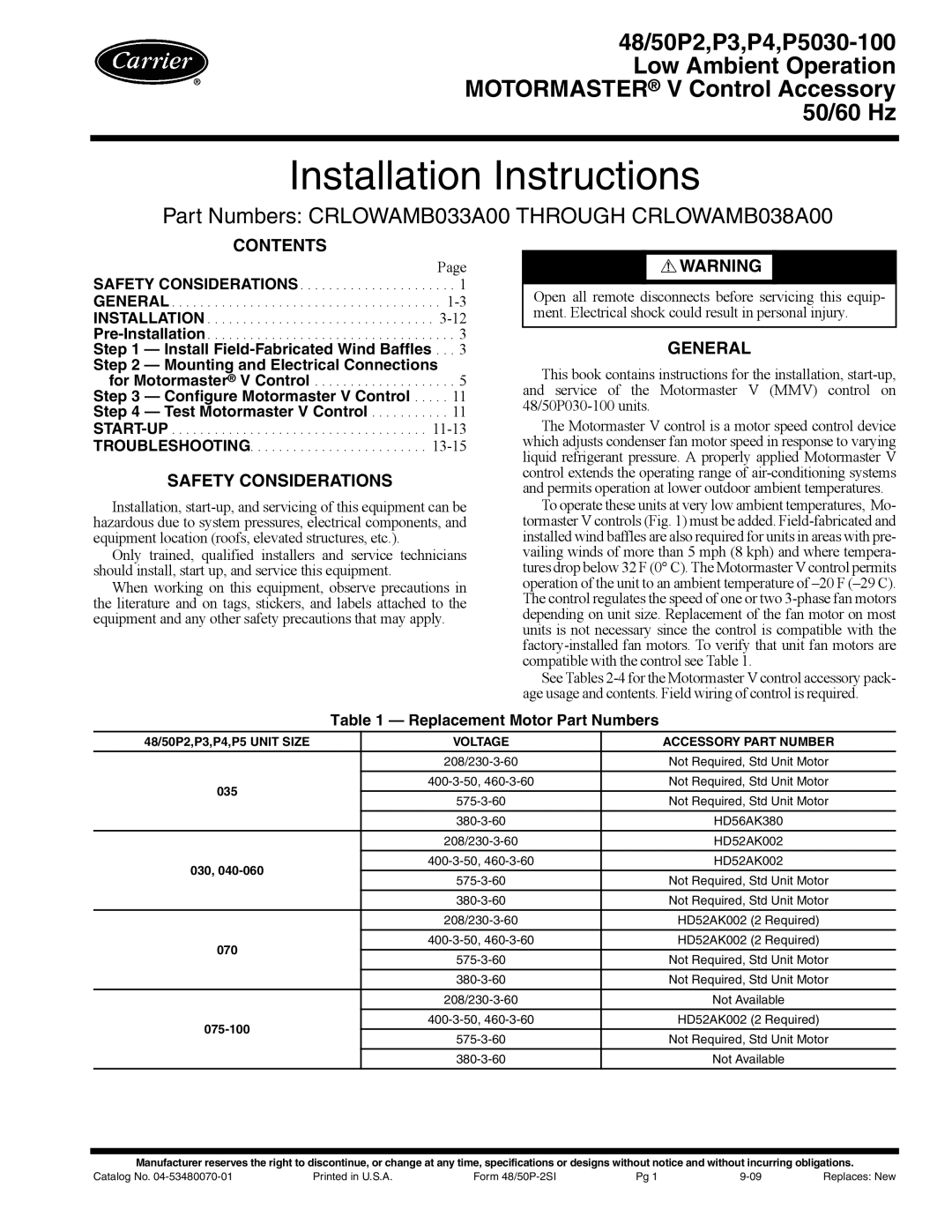 Carrier 48/50P2, 48/50P4, 48/50P3, 48/50P5030-100 installation instructions Contents, Safety Considerations, General 