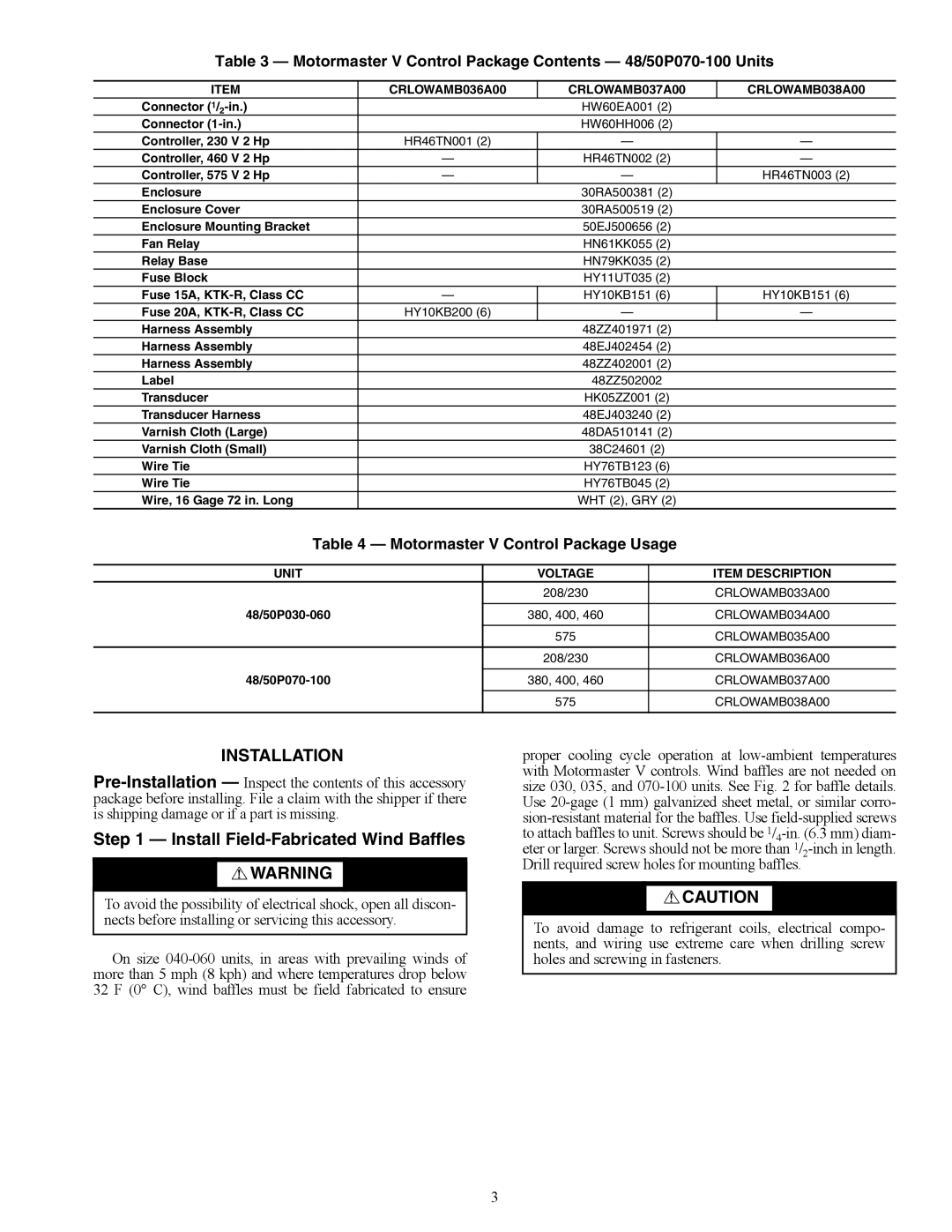 Carrier 48/50P5030-100, 48/50P4, 48/50P2, 48/50P3 Installation, Motormaster V Control Package Contents 48/50P070-100 Units 