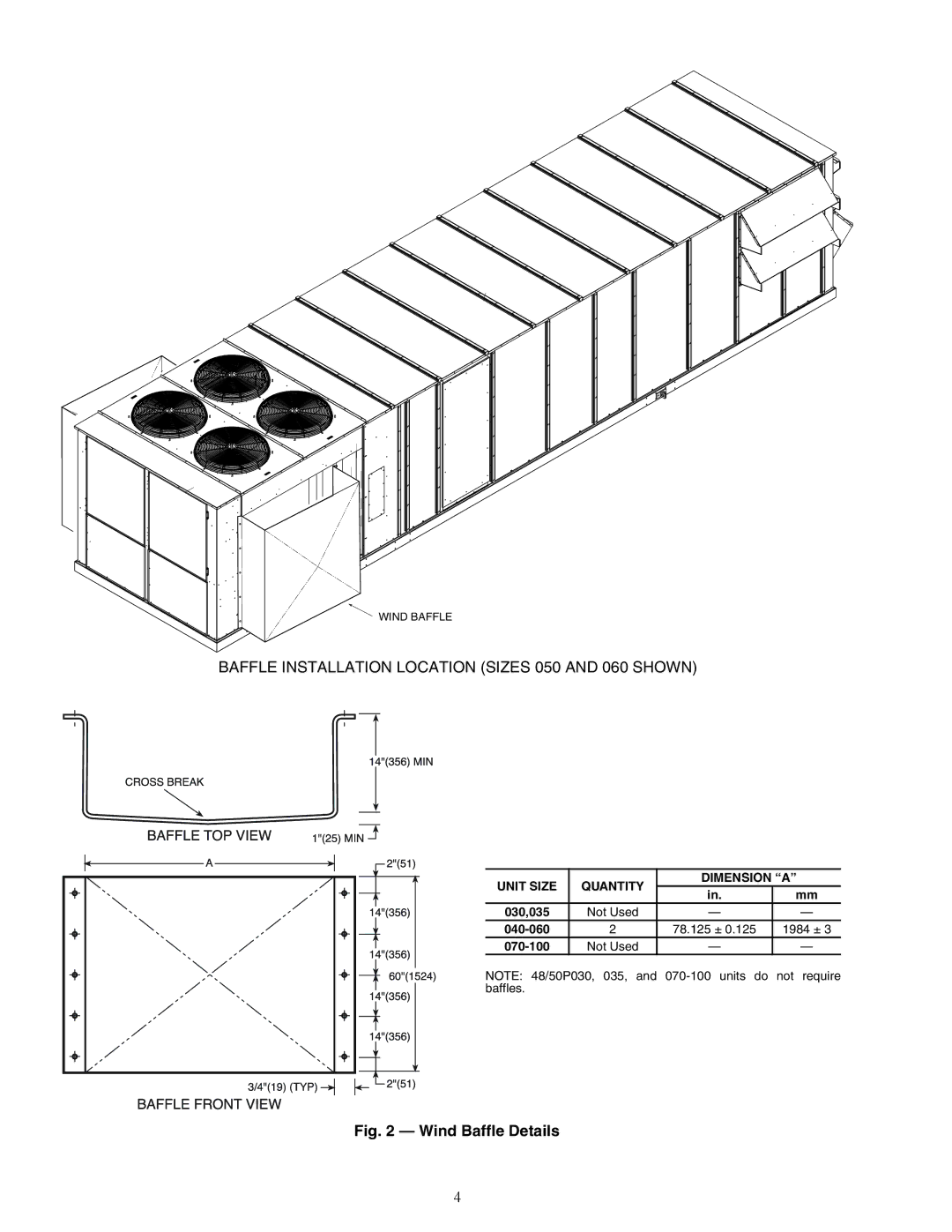 Carrier 48/50P4, 48/50P2, 48/50P3, 48/50P5030-100 installation instructions A48-8561, A48-8560, Unit Size Quantity Dimension a 