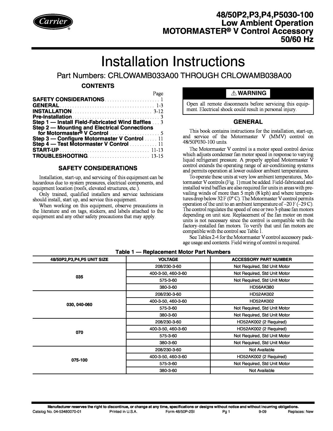 Carrier 48/50P2, 48/50P4 installation instructions Contents, Safety Considerations, General, Installation Instructions 