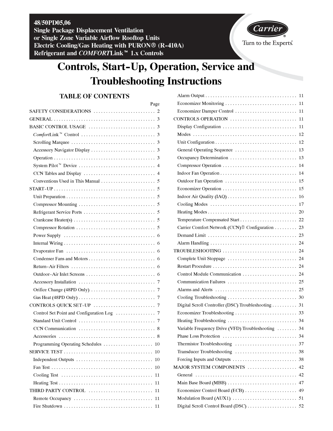 Carrier 48/50PD05 manual Table of Contents 