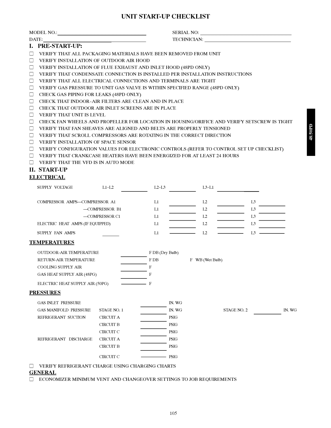 Carrier 48/50PD05 manual Unit START-UP Checklist, Pre-Start-Up 