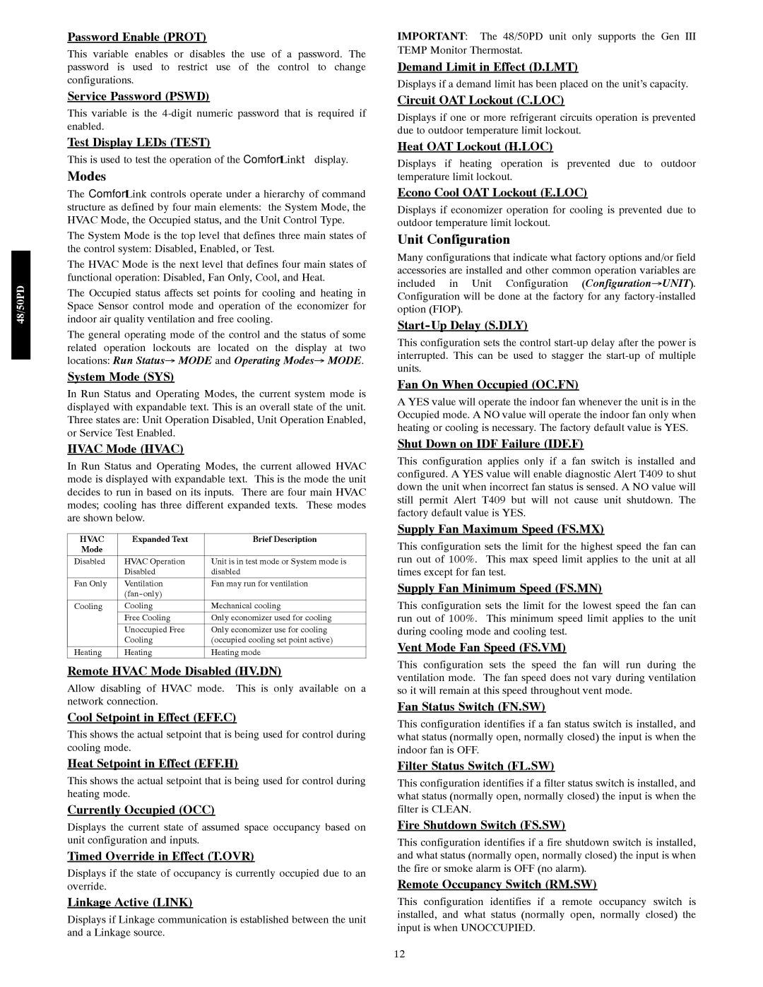 Carrier 48/50PD05 manual Modes, Unit Configuration 