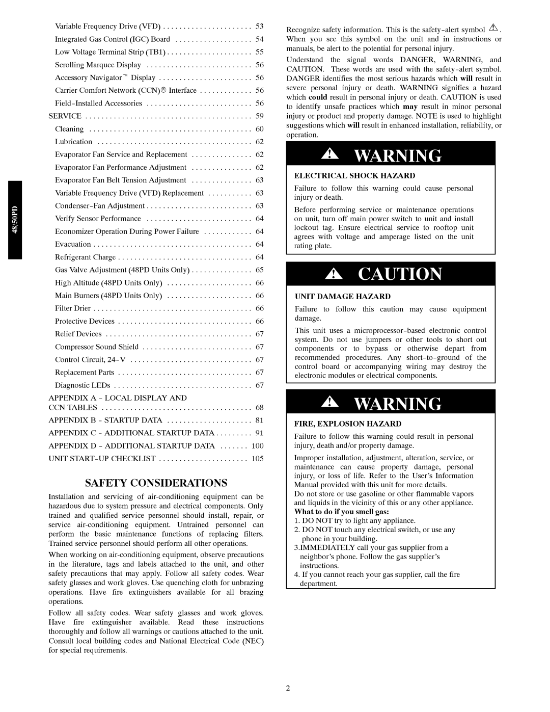 Carrier 48/50PD05 manual Safety Considerations, What to do if you smell gas 