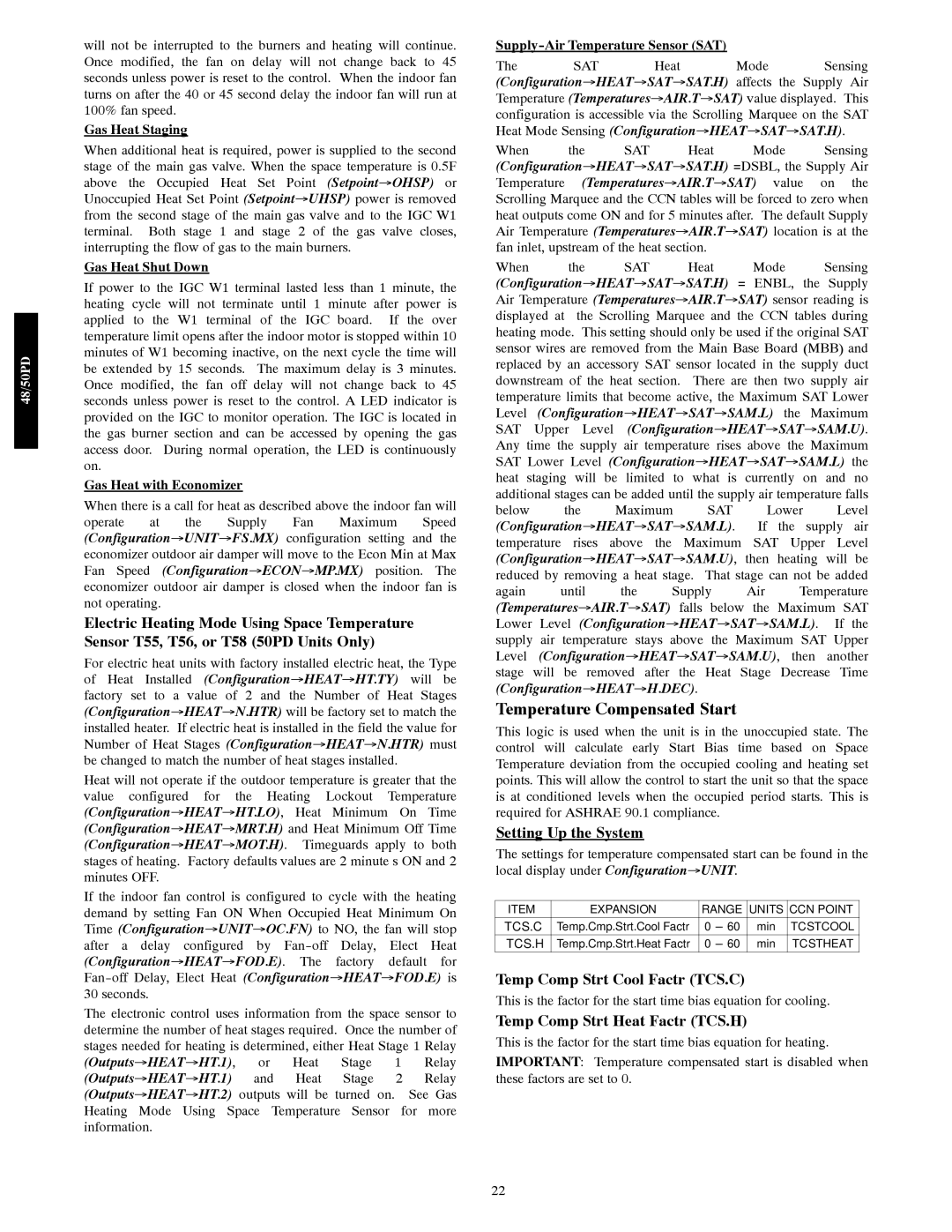 Carrier 48/50PD05 manual Temperature Compensated Start, Setting Up the System, Temp Comp Strt Cool Factr TCS.C 