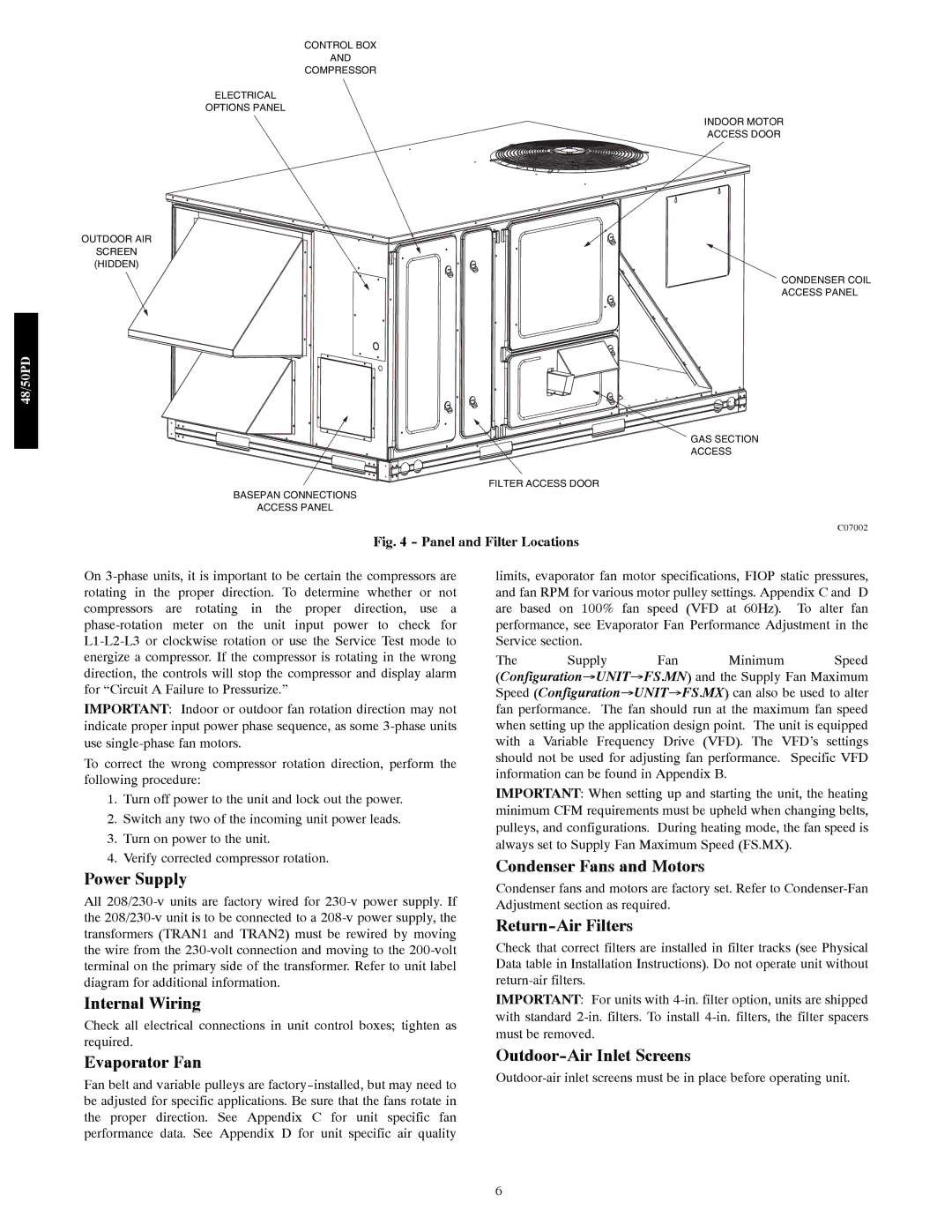 Carrier 48/50PD05 manual Power Supply, Internal Wiring, Evaporator Fan, Condenser Fans and Motors, Return-Air Filters 