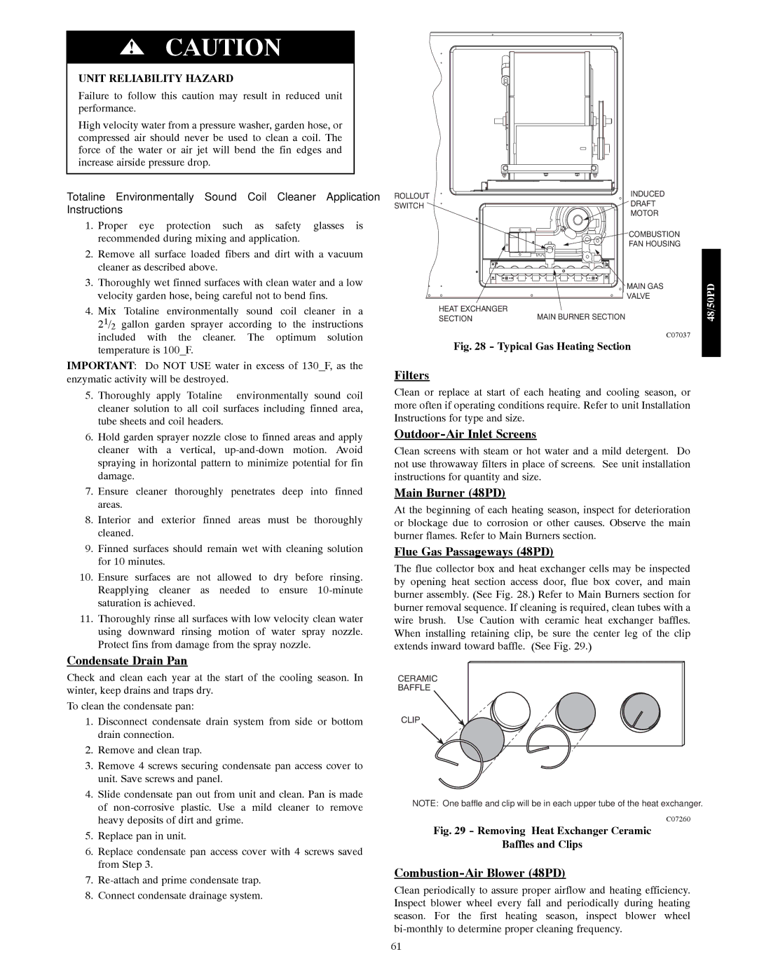 Carrier 48/50PD05 Condensate Drain Pan, Filters, Outdoor-Air Inlet Screens, Main Burner 48PD, Flue Gas Passageways 48PD 