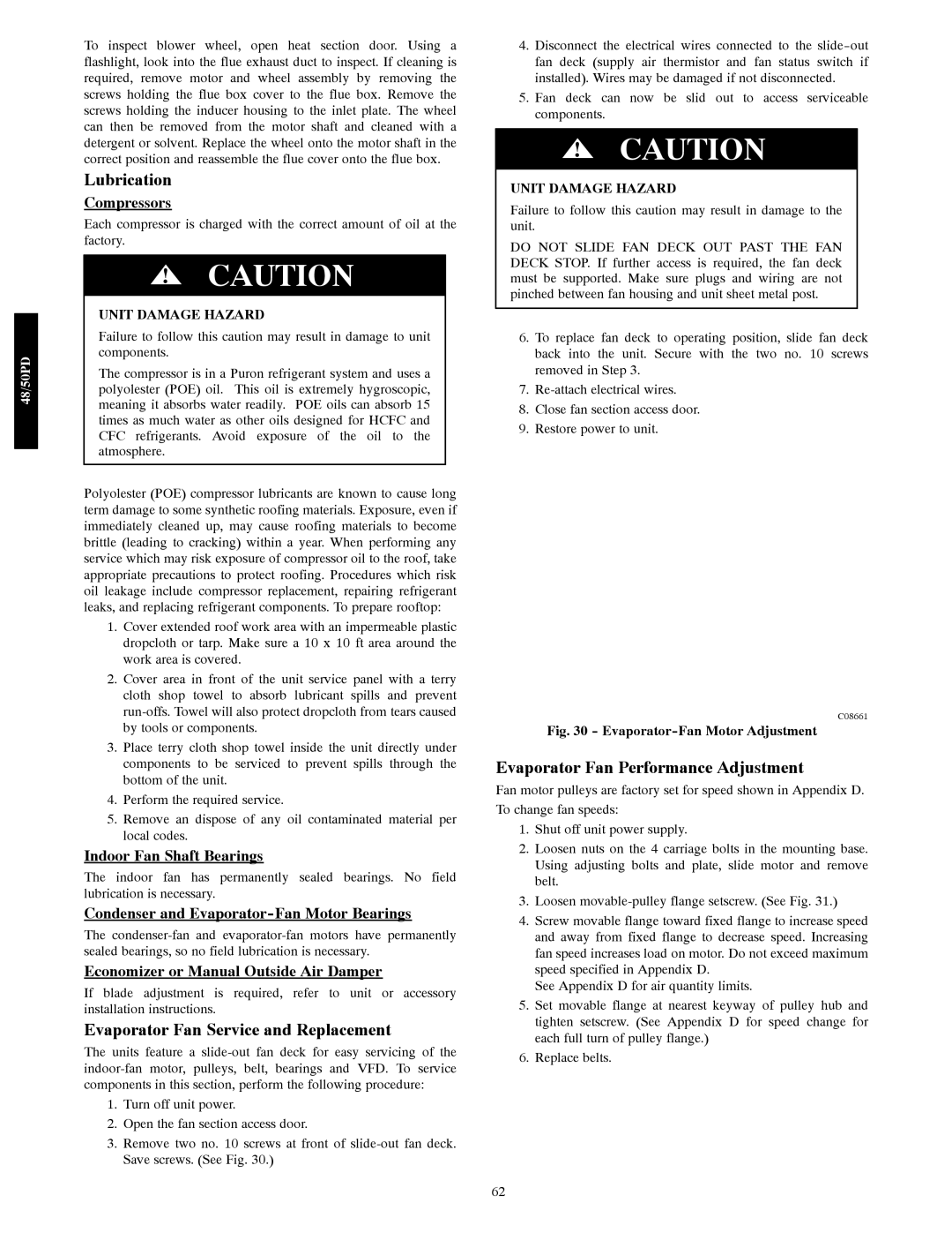 Carrier 48/50PD05 manual Lubrication, Evaporator Fan Service and Replacement, Evaporator Fan Performance Adjustment 