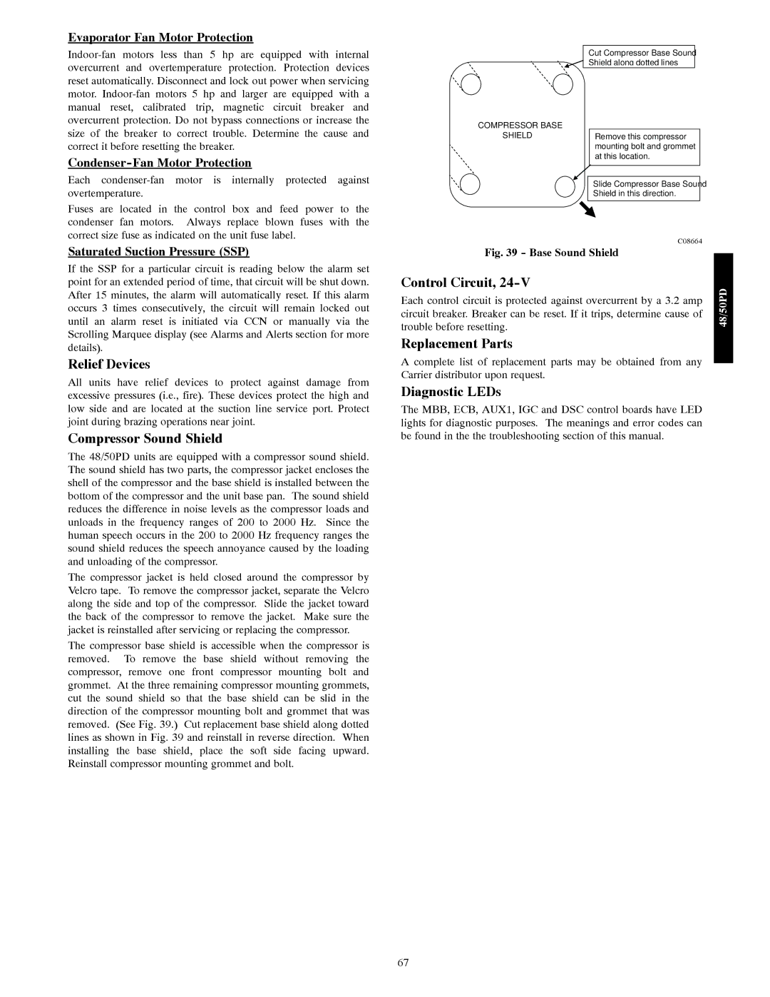 Carrier 48/50PD05 manual Relief Devices, Compressor Sound Shield, Control Circuit, Replacement Parts, Diagnostic LEDs 