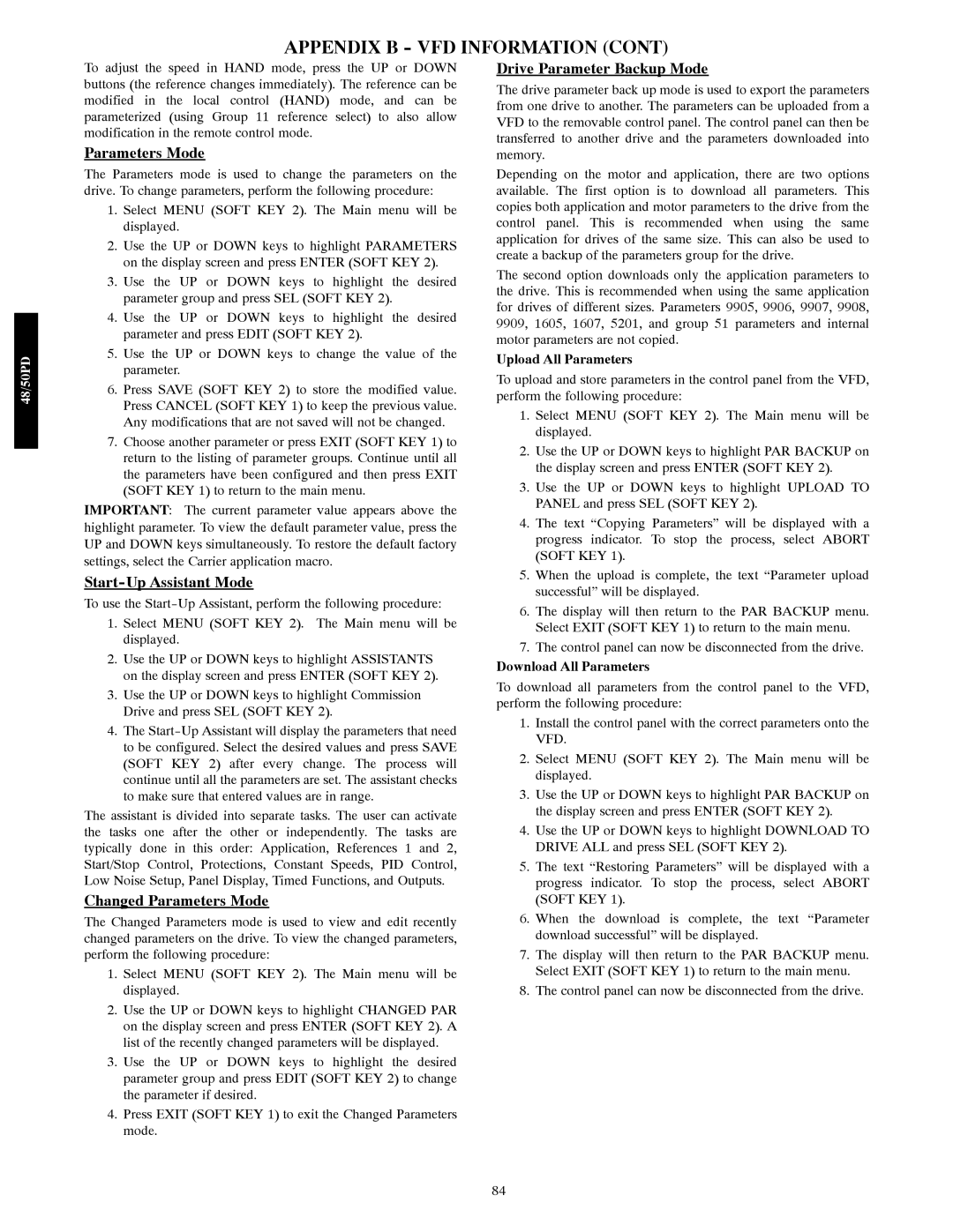 Carrier 48/50PD05 manual Start-Up Assistant Mode, Changed Parameters Mode, Drive Parameter Backup Mode 