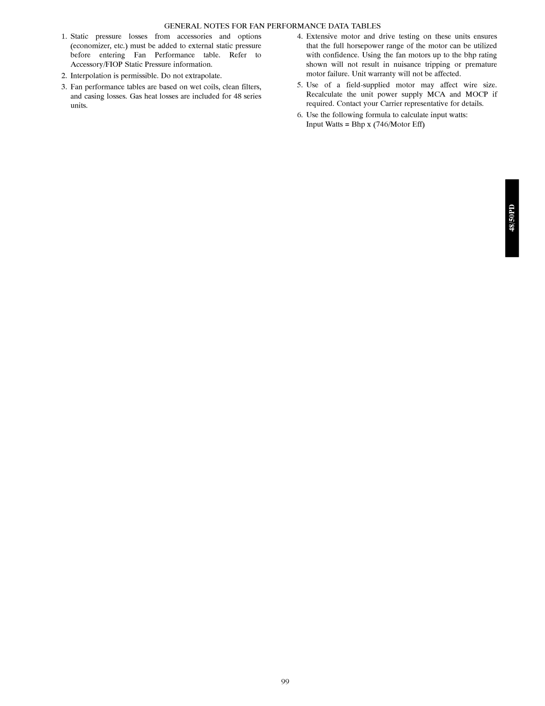 Carrier 48/50PD05 manual General Notes for FAN Performance Data Tables 