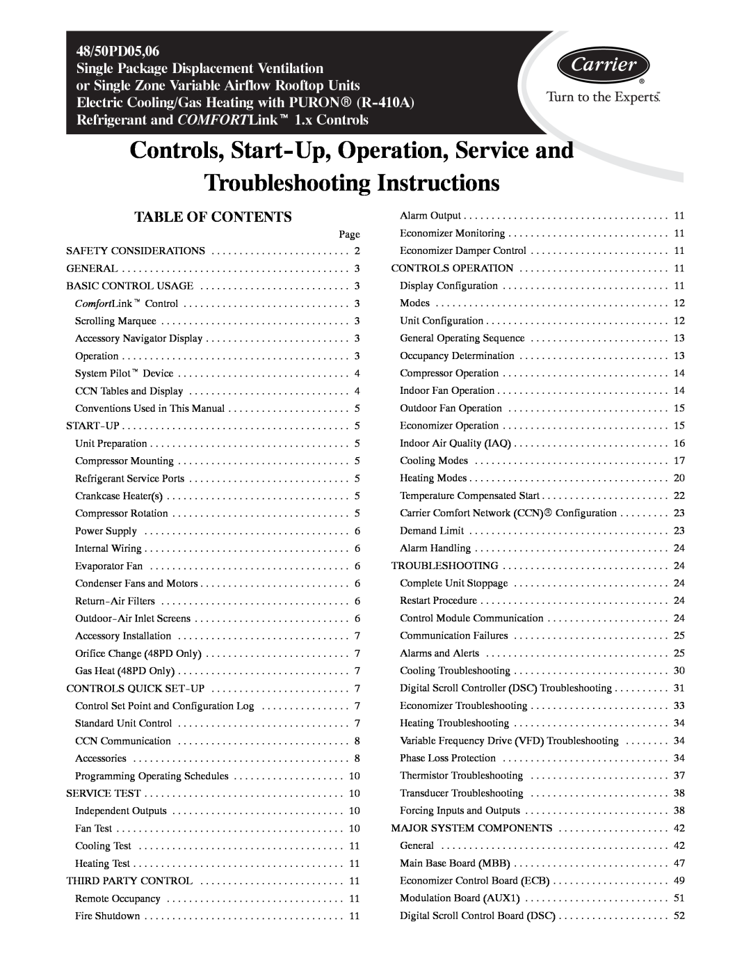 Carrier 48/50PD05 manual Table Of Contents, Controls, Start-Up,Operation, Service and, Troubleshooting Instructions 