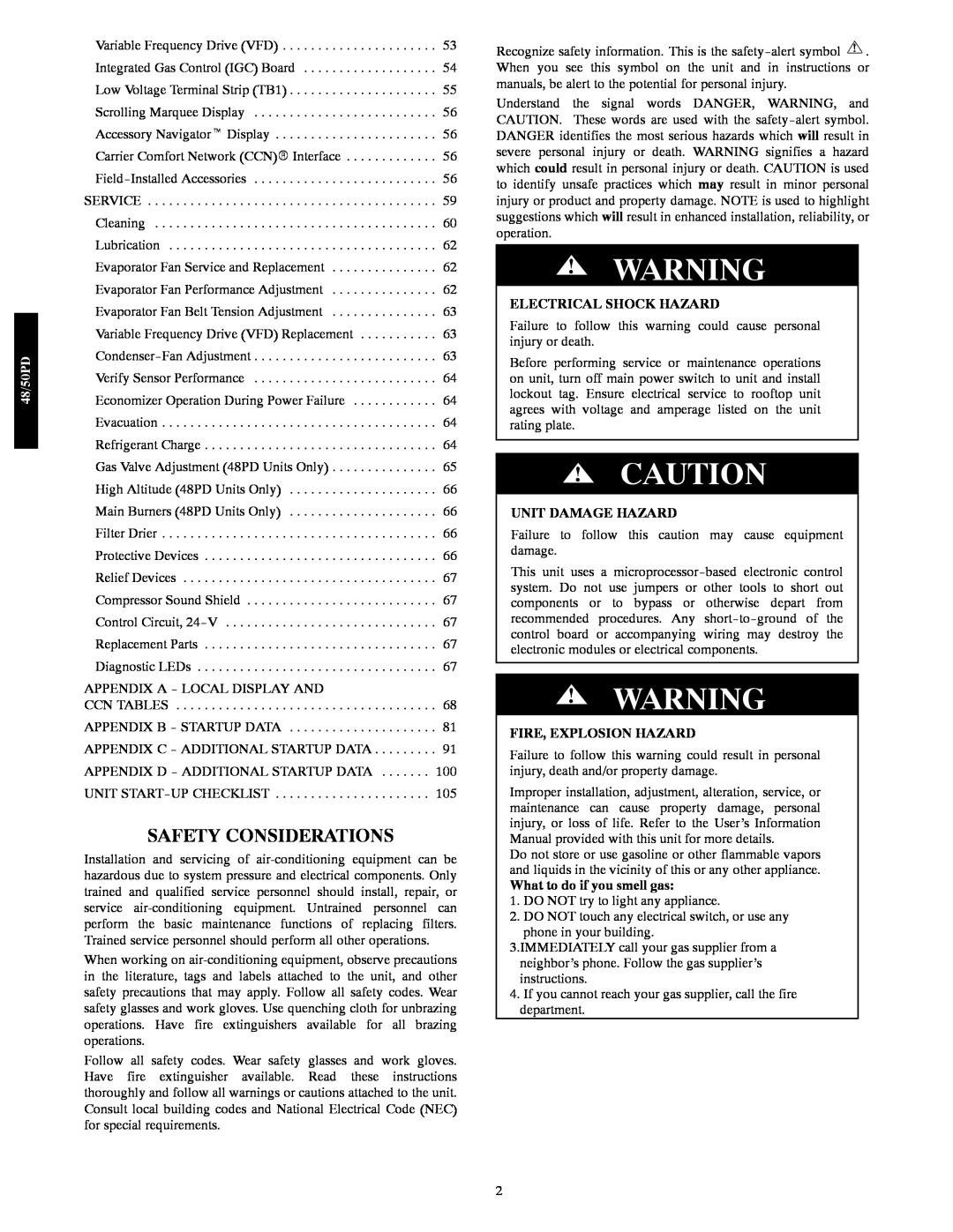 Carrier 48/50PD05 manual Safety Considerations, Electrical Shock Hazard, Unit Damage Hazard, Fire, Explosion Hazard 