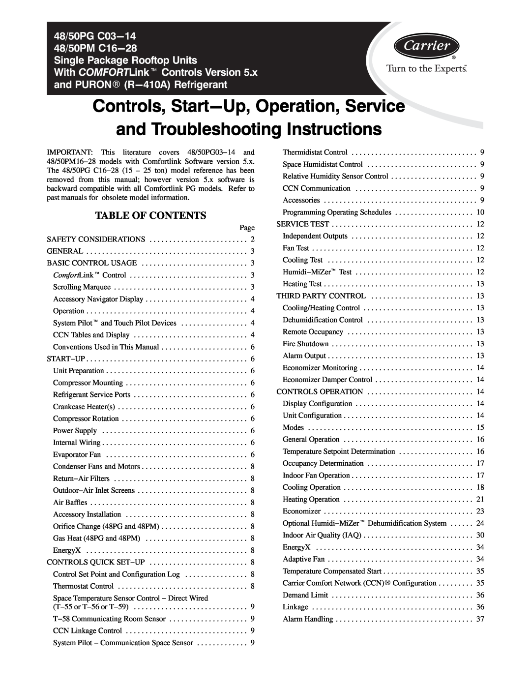 Carrier 48/50PM C16-28 manual Table Of Contents, Controls, Start-Up,Operation, Service, and Troubleshooting Instructions 