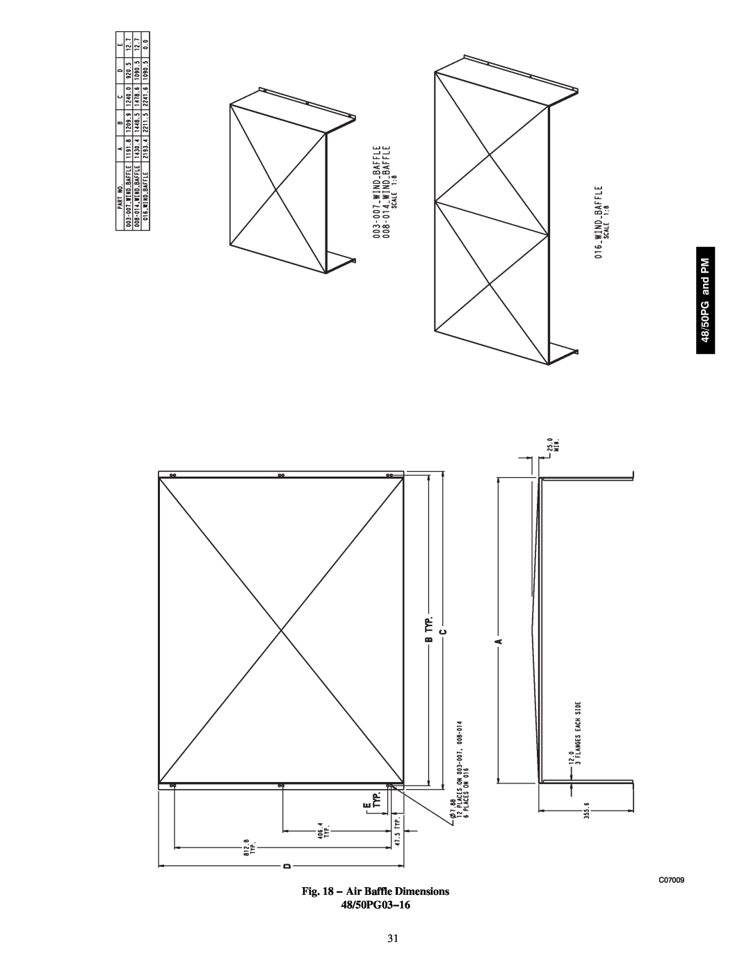 Carrier 48/50PM C16-28, 48/50PG C03-14 manual Air Baffle Dimensions 48/50PG03−16, 48/50PG and PM, C07009 