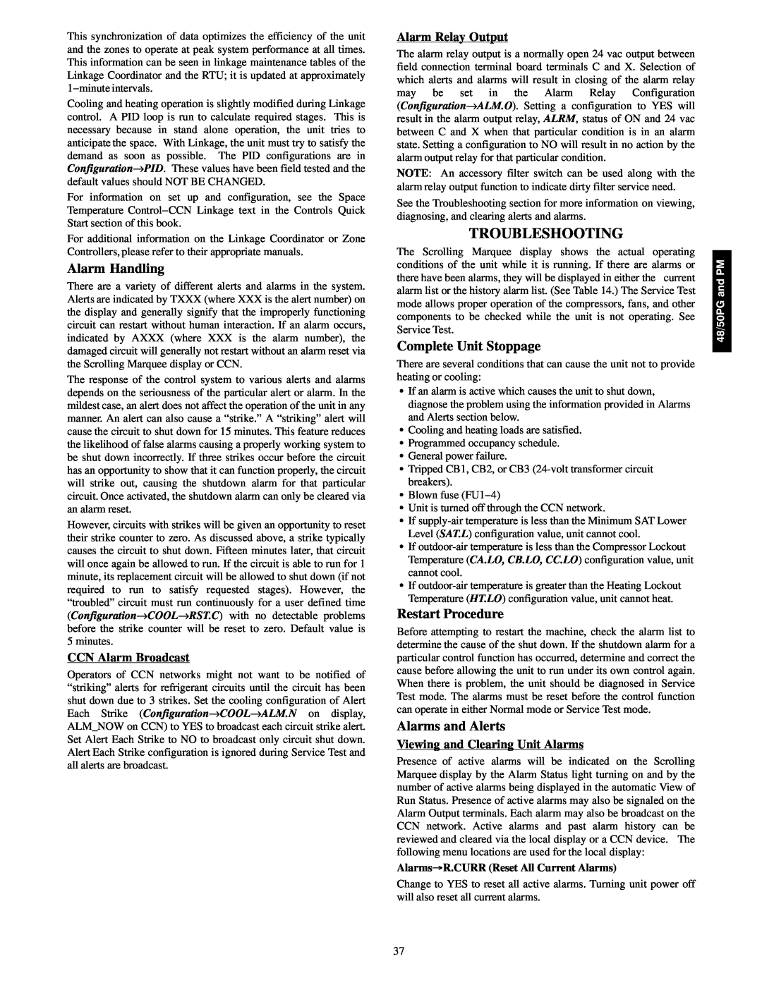 Carrier 48/50PM C16-28 manual Troubleshooting, Alarm Handling, Complete Unit Stoppage, Restart Procedure, Alarms and Alerts 