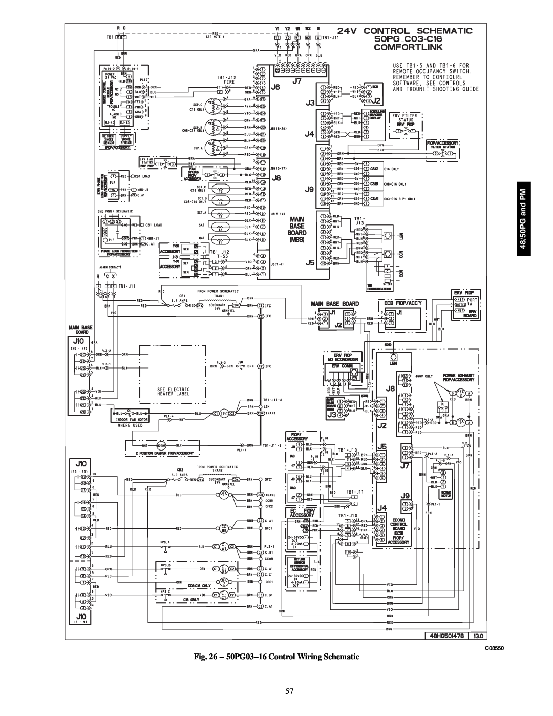 Carrier 48/50PM C16-28, 48/50PG C03-14 manual 50PG03−16 Control Wiring Schematic, 48/50PG and PM, C08550 