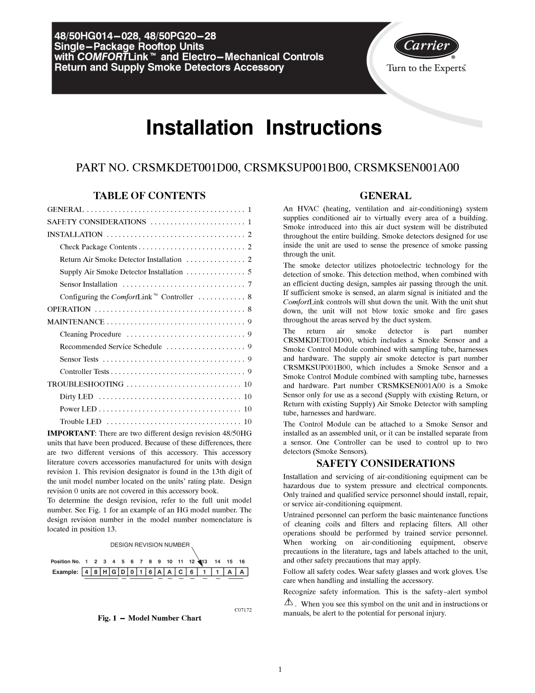 Carrier 48/50HG014-028, 48/50PG20-28 installation instructions Table of Contents, General, Safety Considerations 