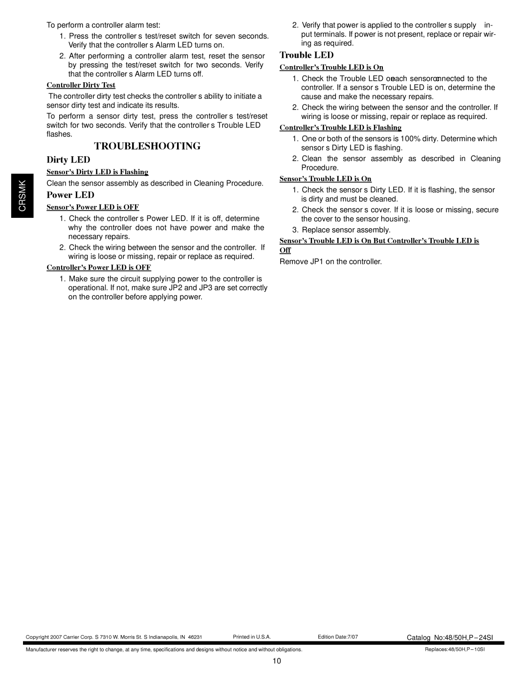 Carrier 48/50PG20-28, 48/50HG014-028 installation instructions Troubleshooting, Dirty LED, Power LED, Trouble LED 