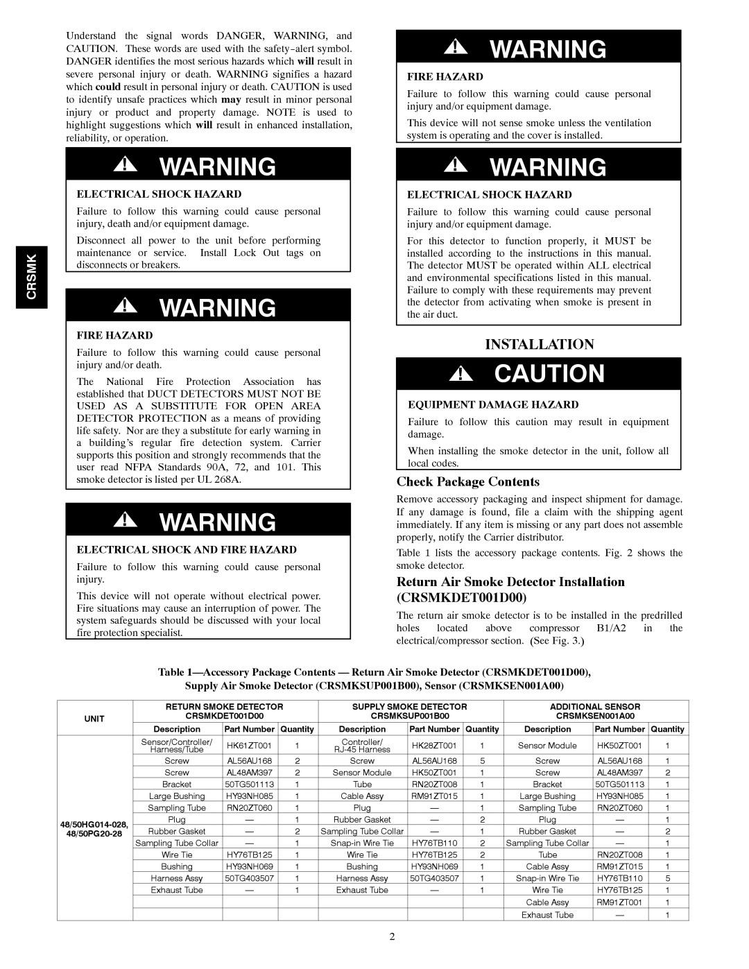 Carrier 48/50PG20-28, 48/50HG014-028 Check Package Contents, Return Air Smoke Detector Installation CRSMKDET001D00 