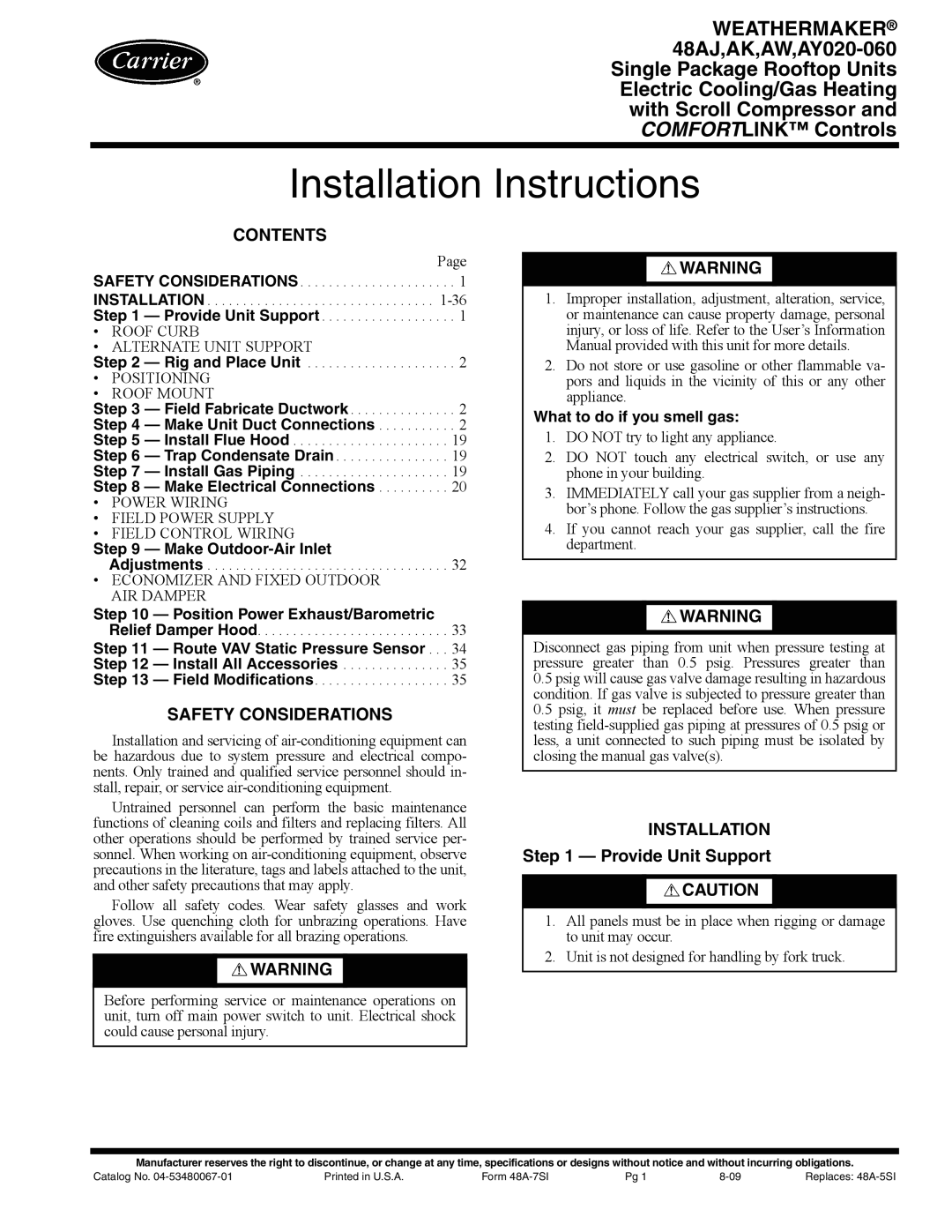 Carrier 48AJ installation instructions Installation Instructions 