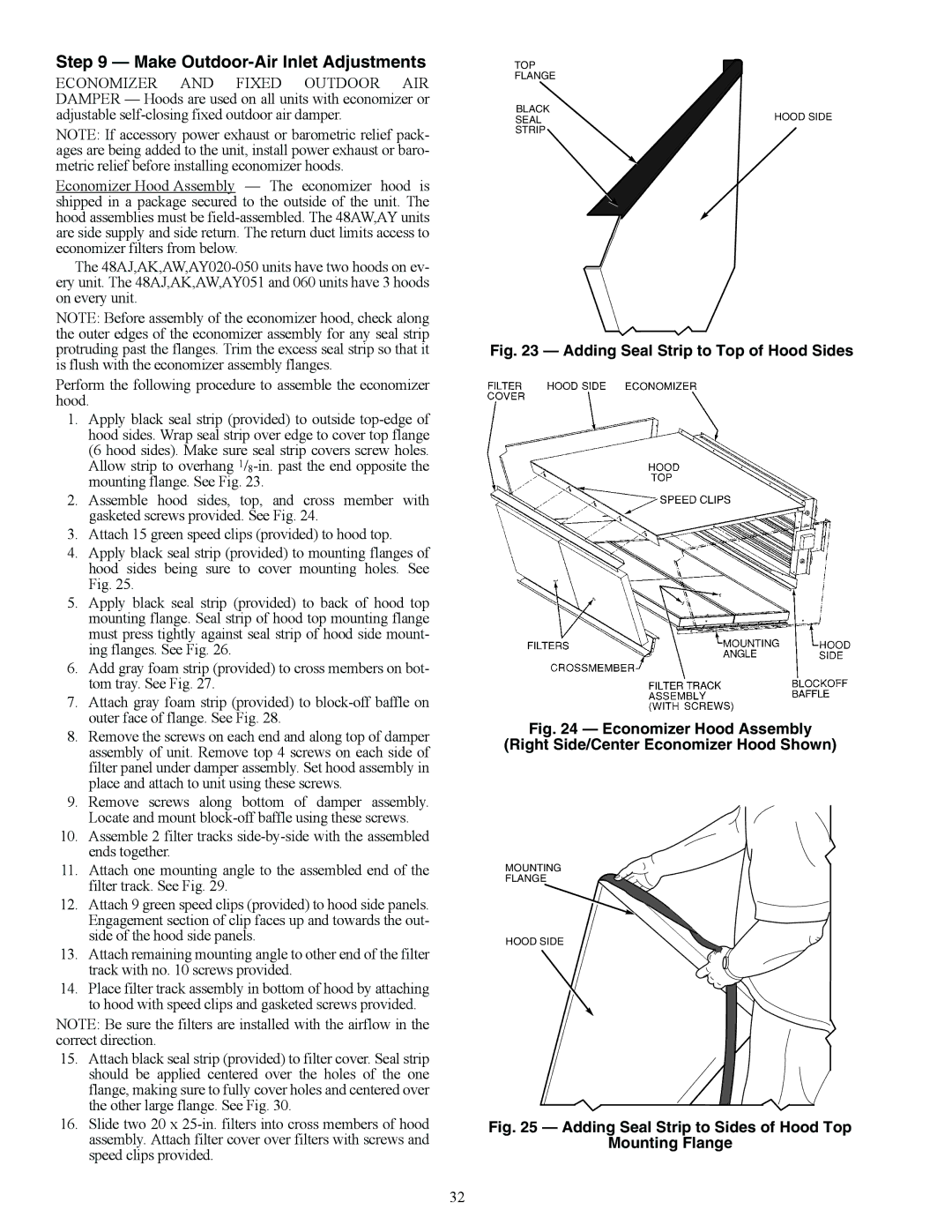 Carrier 48AJ installation instructions Make Outdoor-Air Inlet Adjustments, Adding Seal Strip to Top of Hood Sides 