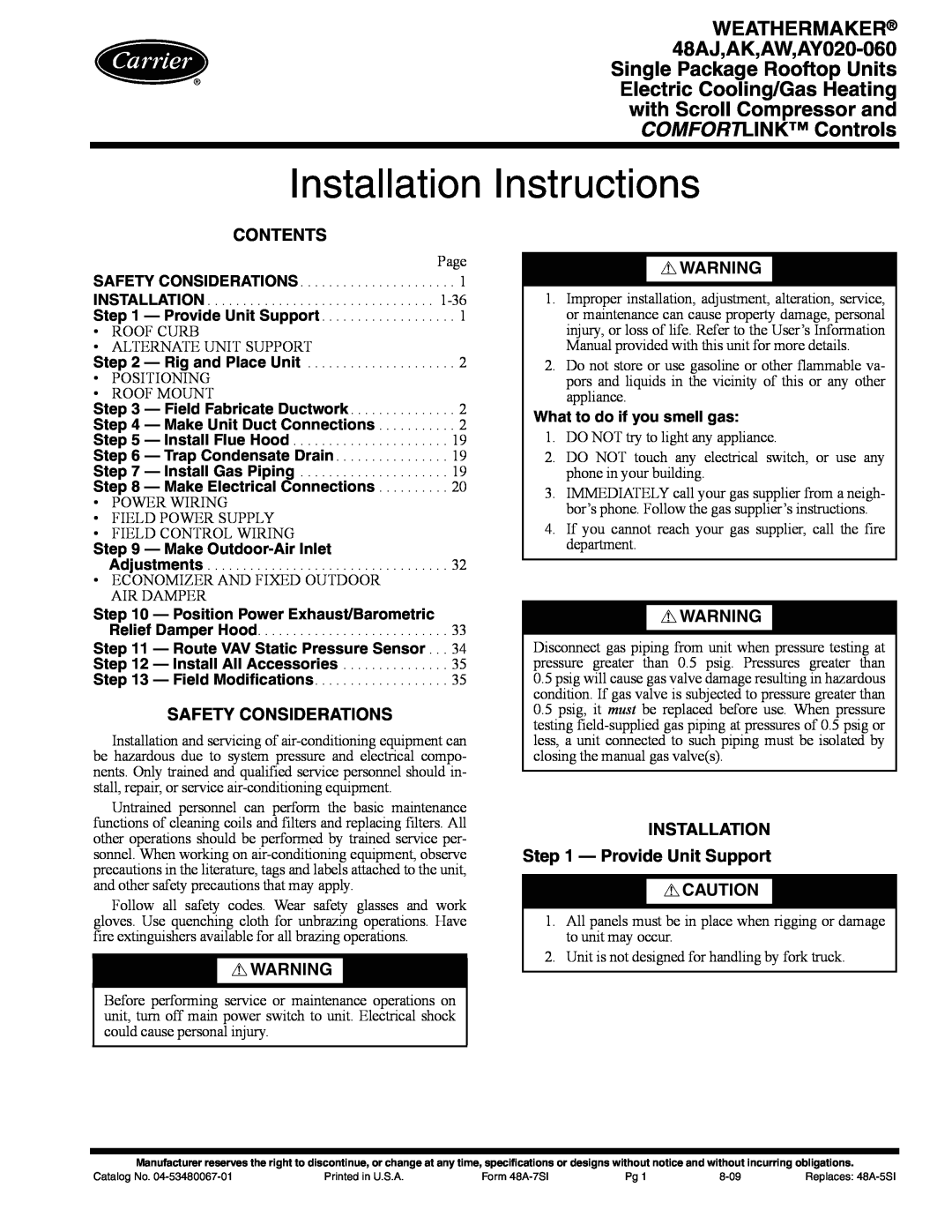 Carrier 48AJ installation instructions Installation Instructions, Contents, Safety Considerations, Make Outdoor-AirInlet 