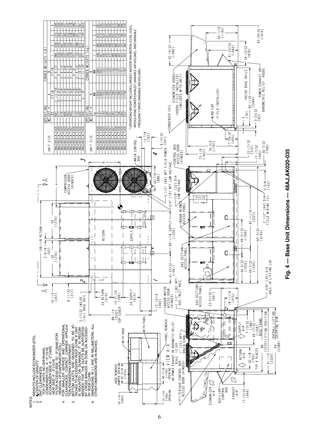 Carrier installation instructions Base Unit Dimensions - 48AJ,AK020-035, a48-8235 
