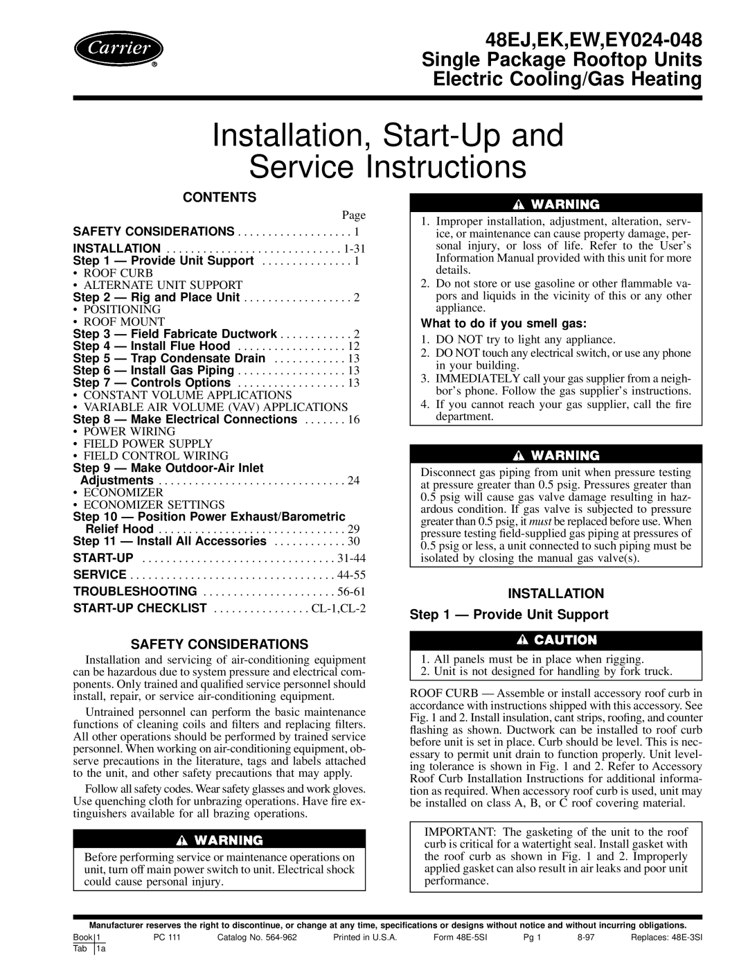 Carrier EW, 48EJ, EK, EY024-048 installation instructions Installation, Start-Up Service Instructions 