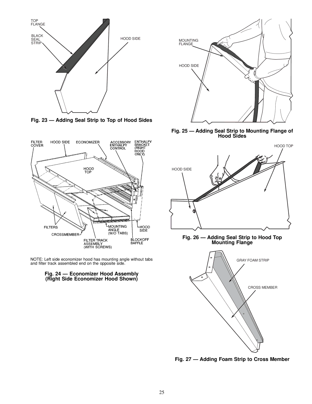 Carrier EW, 48EJ, EK, EY024-048 installation instructions Adding Seal Strip to Top of Hood Sides 