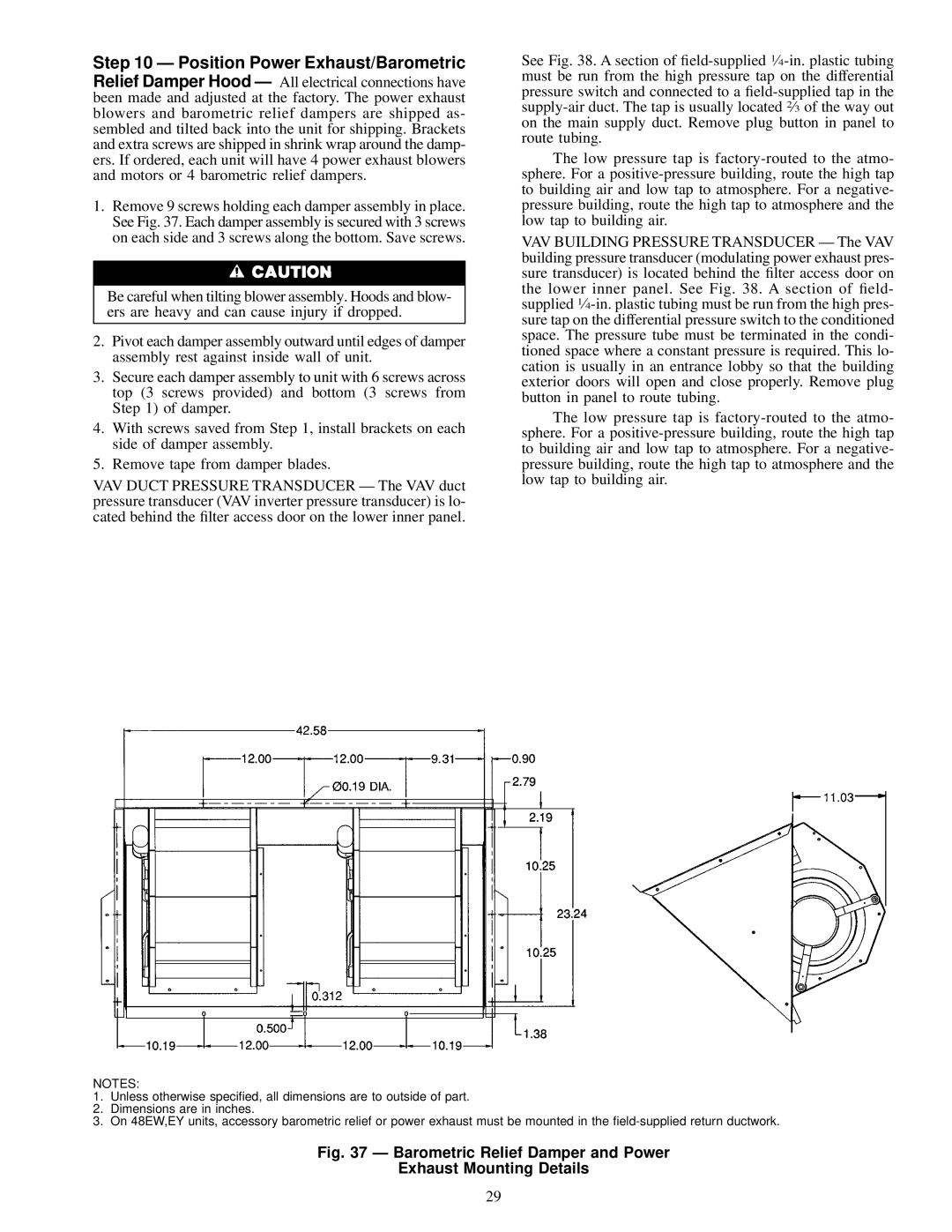 Carrier EW, 48EJ, EK, EY024-048 installation instructions Barometric Relief Damper and Power Exhaust Mounting Details 