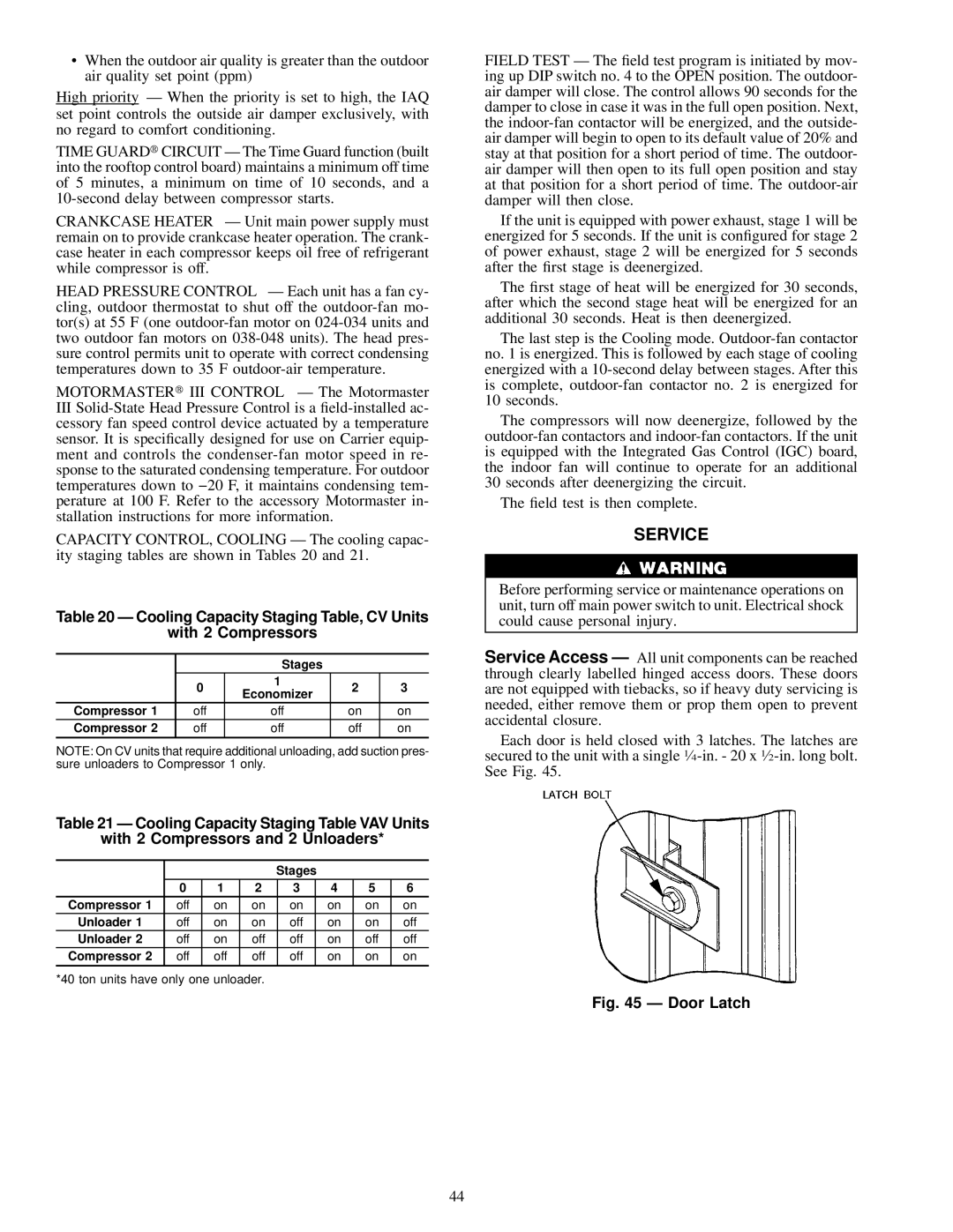 Carrier 48EJ, EW, EK, EY024-048 installation instructions Cooling Capacity Staging Table, CV Units With 2 Compressors, Stages 