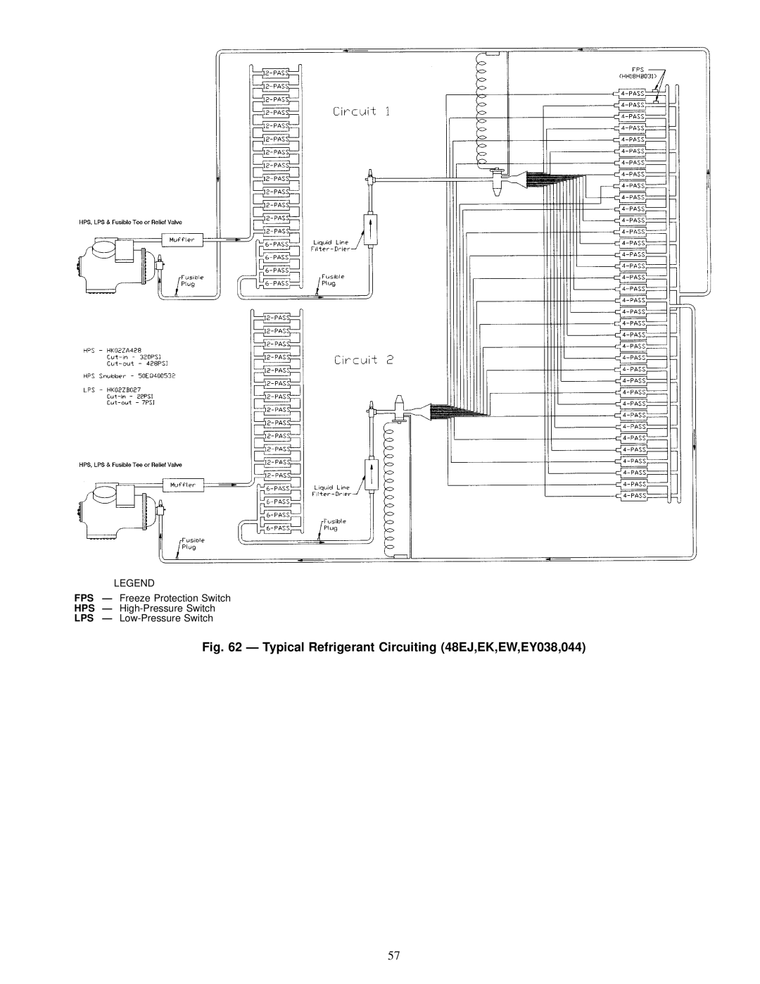 Carrier EY024-048 installation instructions Typical Refrigerant Circuiting 48EJ,EK,EW,EY038,044 