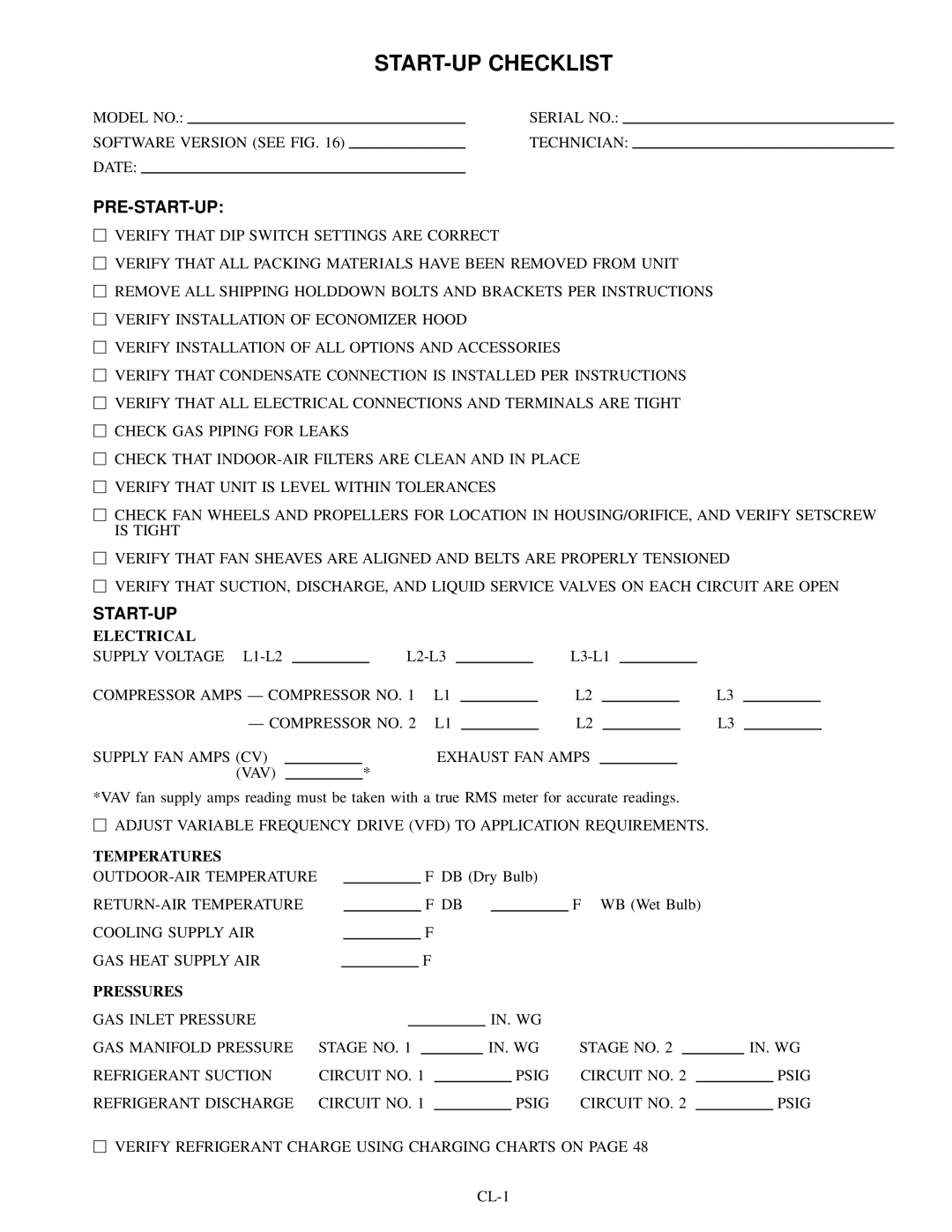 Carrier EY024-048, 48EJ, EW, EK installation instructions START-UP Checklist 