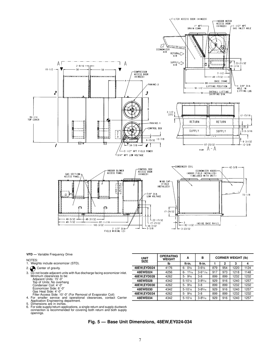 Carrier EY024-048, 48EJ, EK installation instructions Base Unit Dimensions, 48EW,EY024-034 