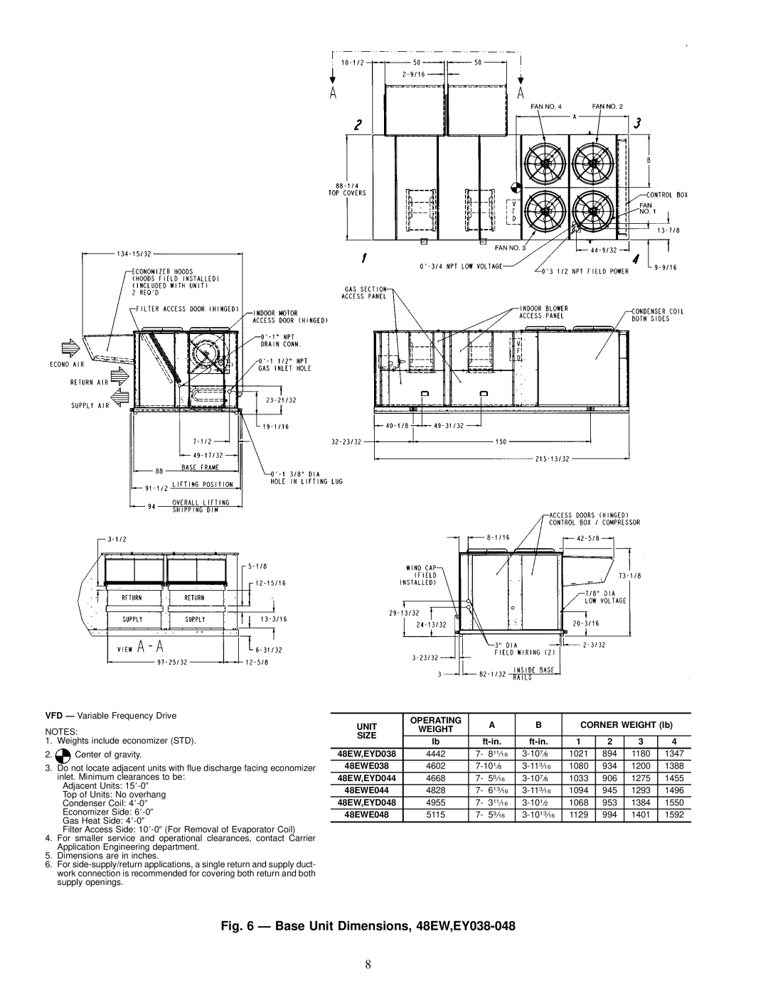 Carrier 48EJ, EK, EY024-048 installation instructions Base Unit Dimensions, 48EW,EY038-048 