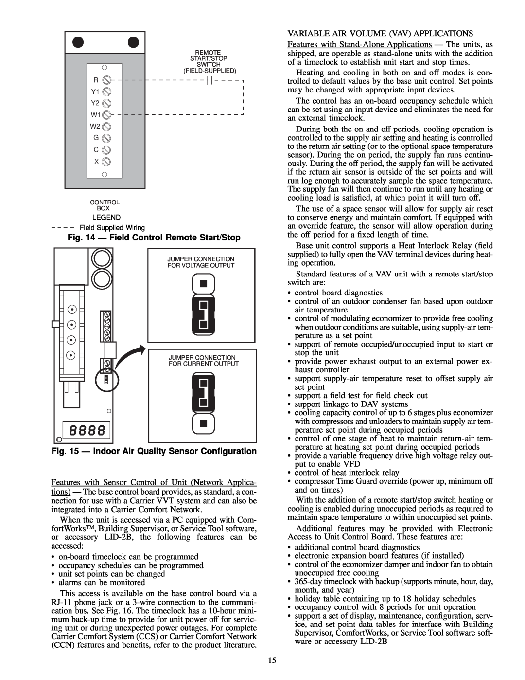 Carrier EY024-048, 48EJ, EW, EK Ð Field Control Remote Start/Stop, Ð Indoor Air Quality Sensor Conguration 