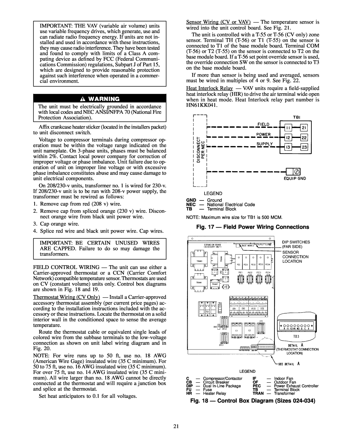 Carrier EW, 48EJ, EK, EY024-048 installation instructions Ð Field Power Wiring Connections, Ð Control Box Diagram Sizes 