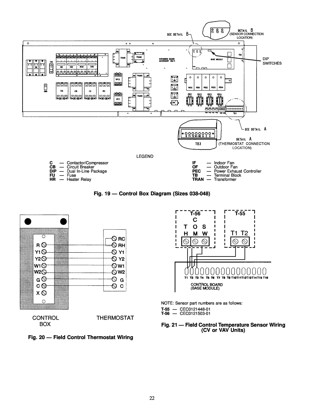 Carrier EK, 48EJ, EW, EY024-048 Ð Control Box Diagram Sizes, Ð Field Control Temperature Sensor Wiring, CV or VAV Units 