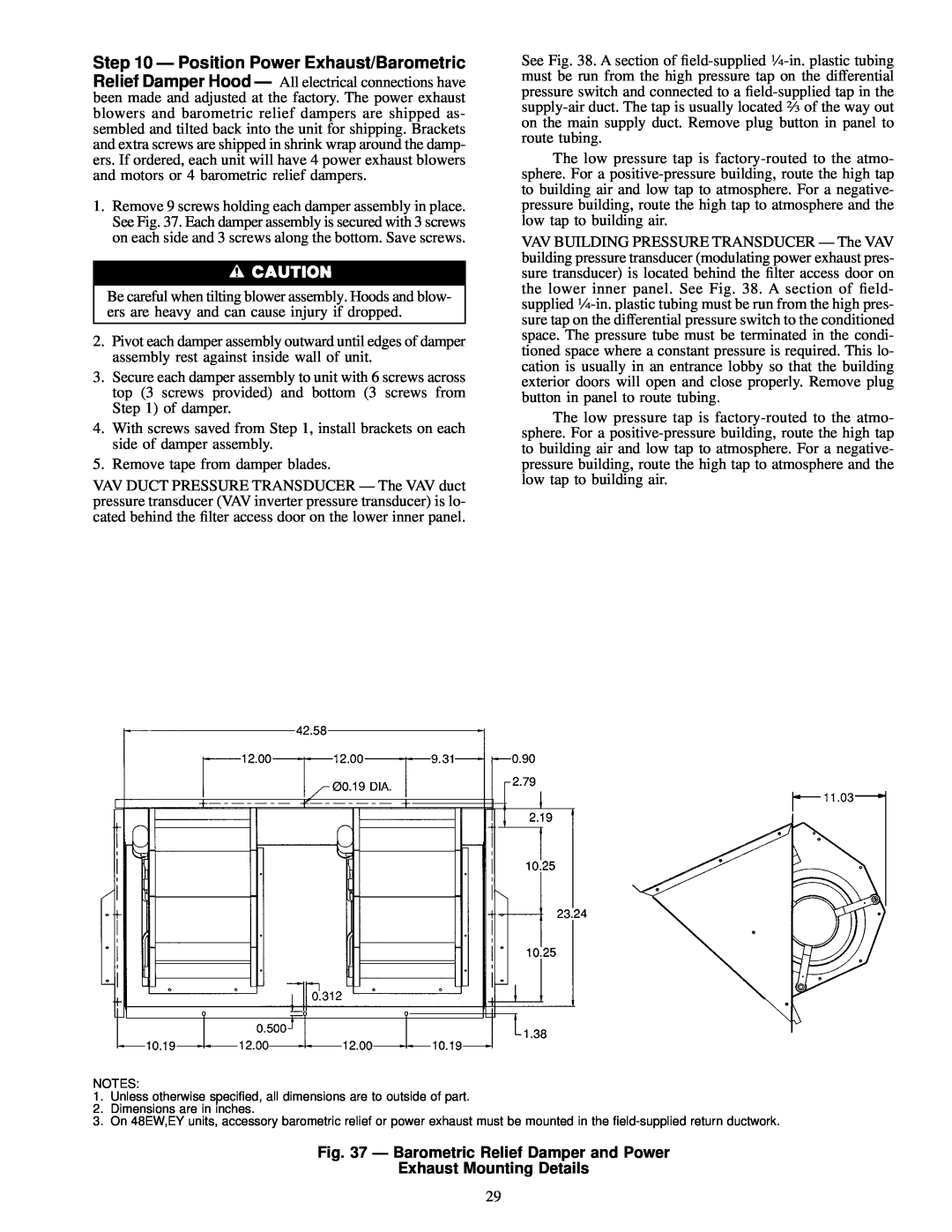 Carrier EW, 48EJ, EK, EY024-048 installation instructions Ð Barometric Relief Damper and Power, Exhaust Mounting Details 
