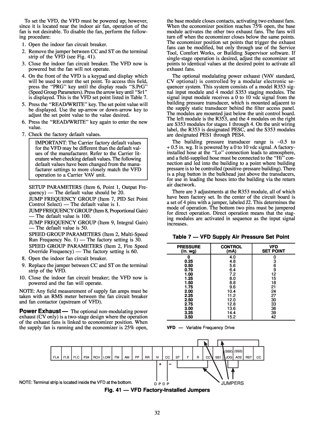 Carrier 48EJ, EW, EK, EY024-048 installation instructions Ð VFD Supply Air Pressure Set Point, Ð VFD Factory-InstalledJumpers 